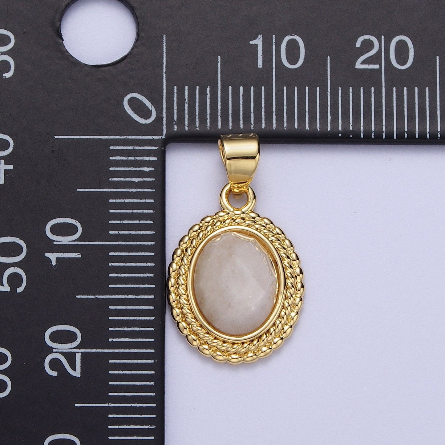 Gold Natural Moonstone Twisted Baguette Decorative Frame Pendant, 24K Gold Plated Oval Moonstone Rope Frame Charm | H-604