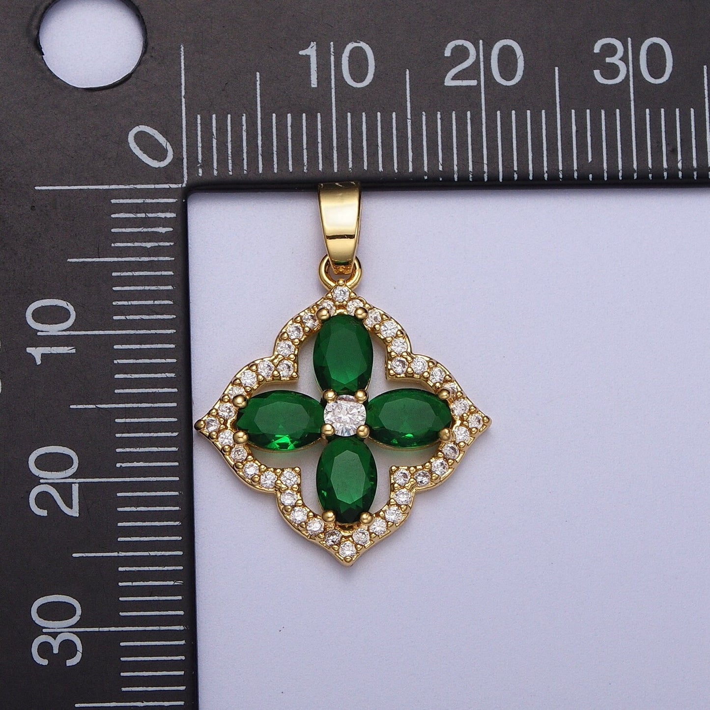 Gold CZ Emerald Green Four-Leaf Clover Lucky Pendant, 24K Gold Plated Emerald Green and Clear Micro Paved CZ Crystals Charm | X-548