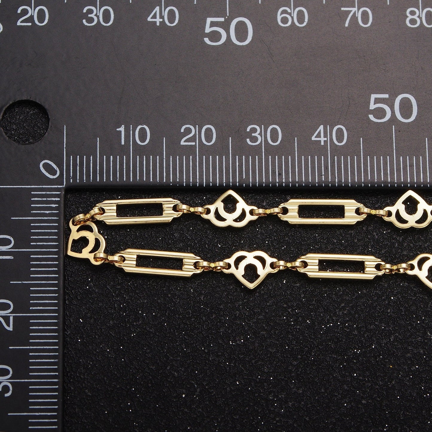 24K Gold Filled Unfinished Unique Flat Open Bar & Hearts w. Figure Eight Connector Bulk Wholesale Roll Chain by Yard | ROLL-849
