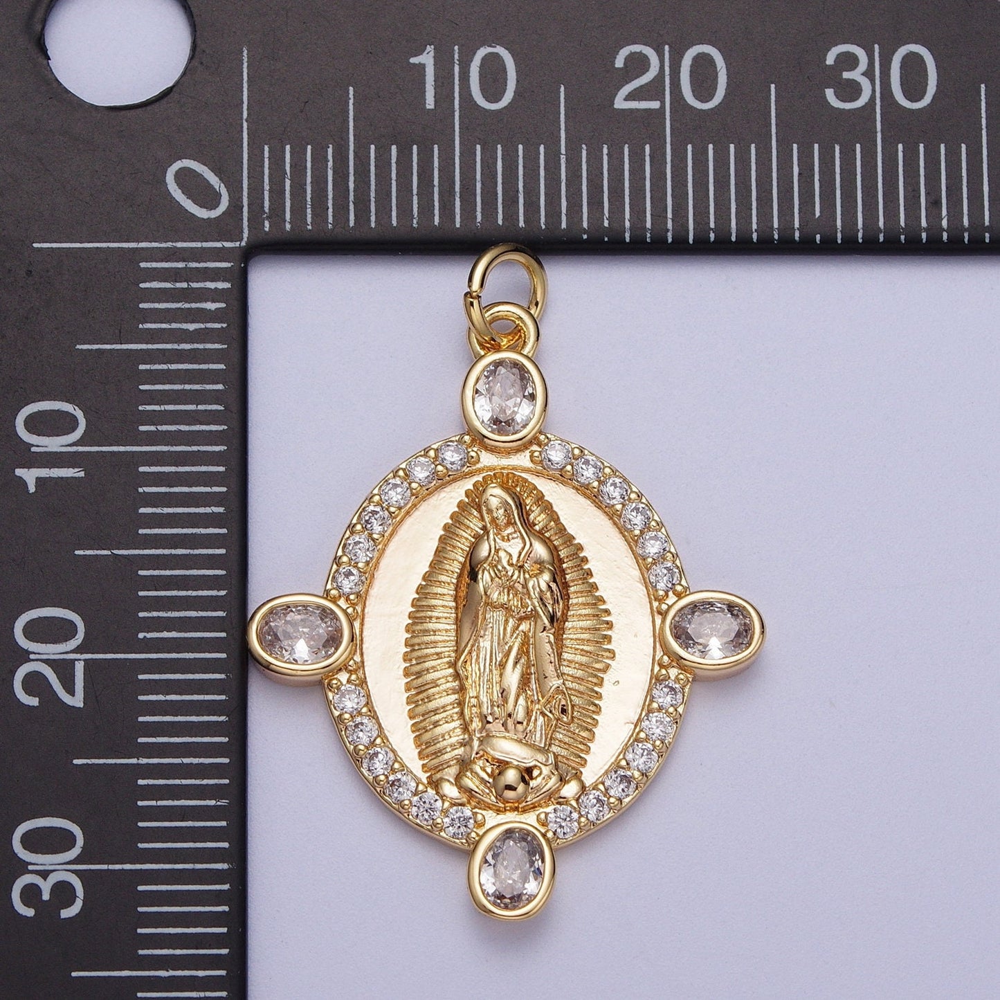 Gold CZ Oval Virgin Mary Pendant, 24K Gold Plated Clear Micro Paved CZ Our Lady of Guadalupe Religious Rosary Round Charm | X-779