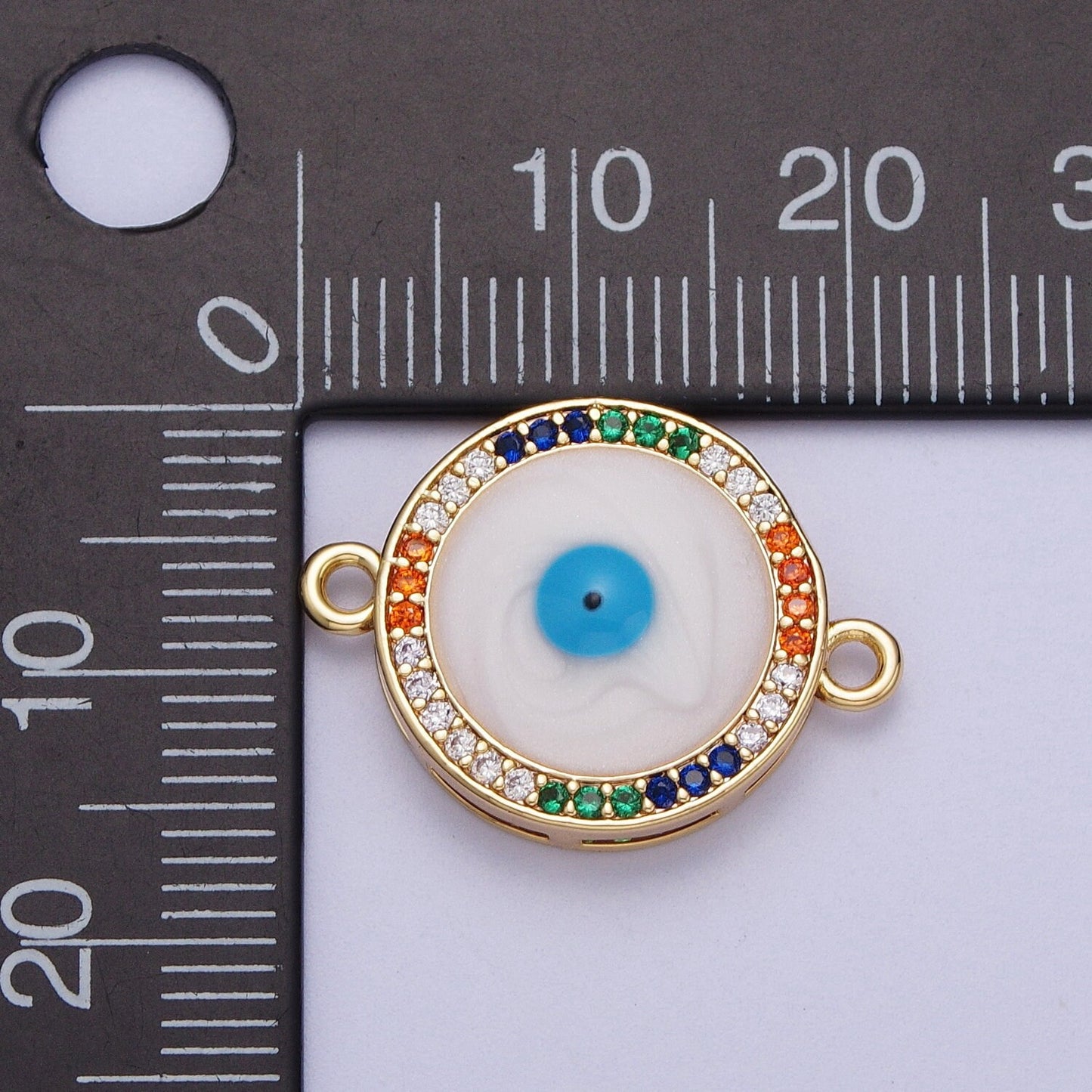 Gold CZ Round Evil Eye Charm Connector, 16K Gold Filled Colorful Micro Paved CZ White Blue Enamel Eye of Ra Link Connector | F-158
