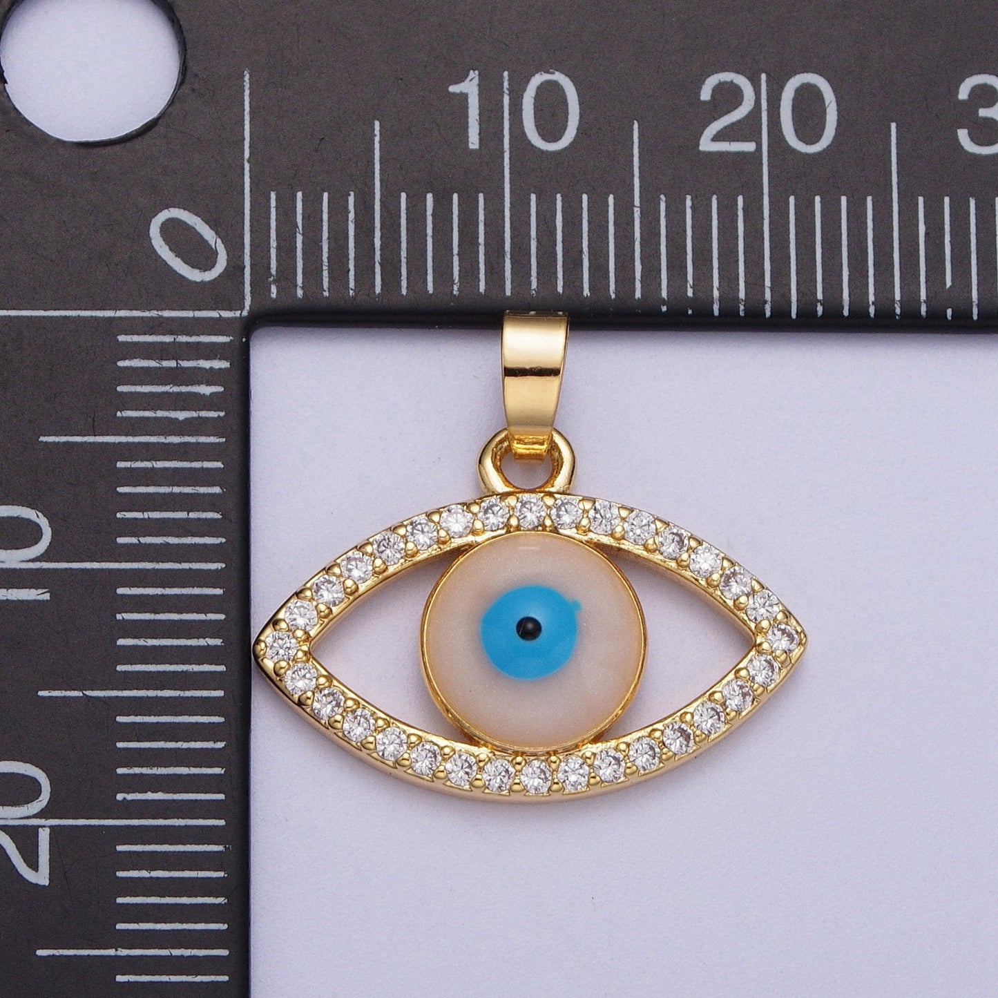Gold Evil Eye Pendant, 16K Gold Filled Clear Micro Paved CZ Blue/Peach Enamel Eye of Ra Charm | X-691