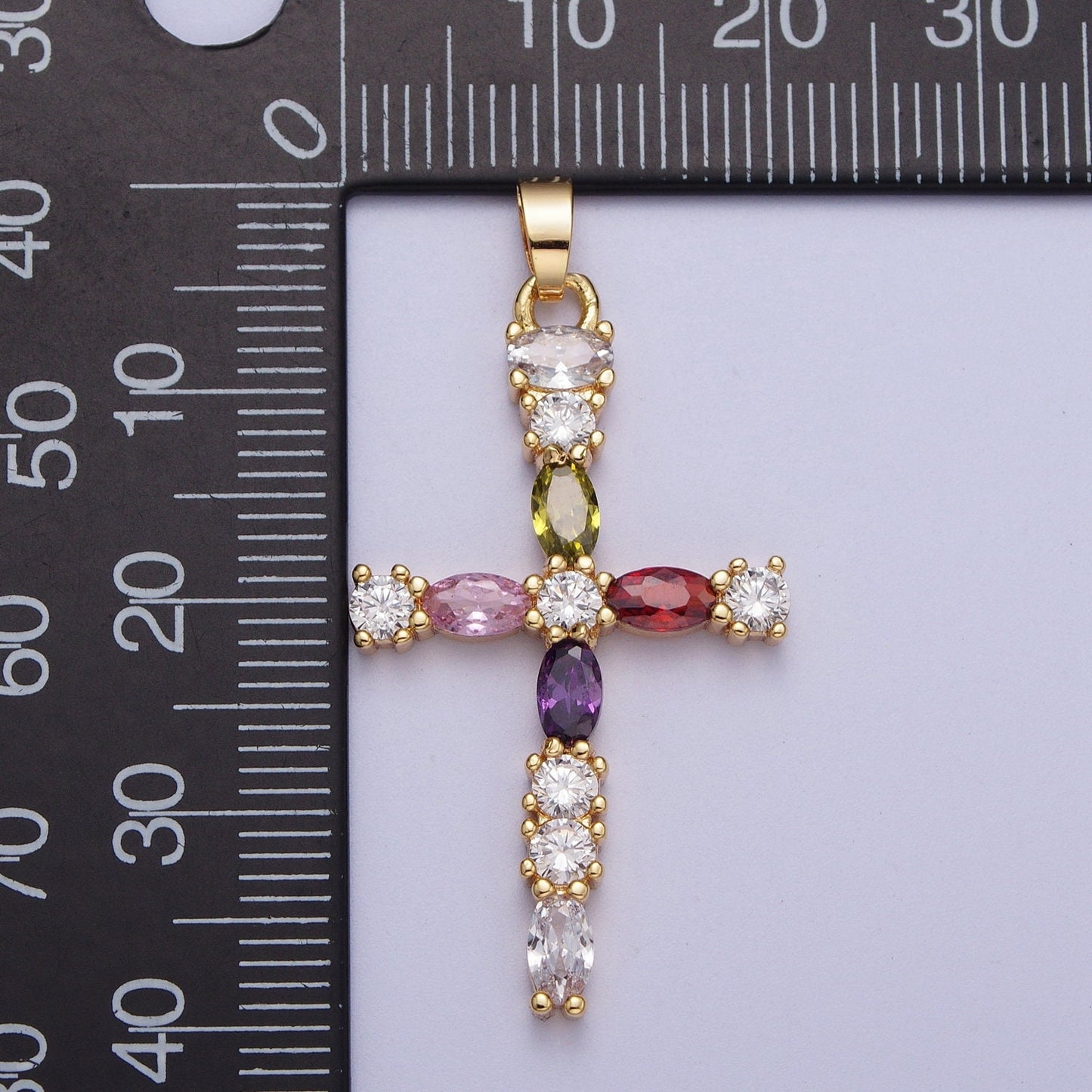 16K Gold Filled Clear Micro Paved Circular CZ w/ Colored Oval CZ Center Religious Cross Pendant | X-692