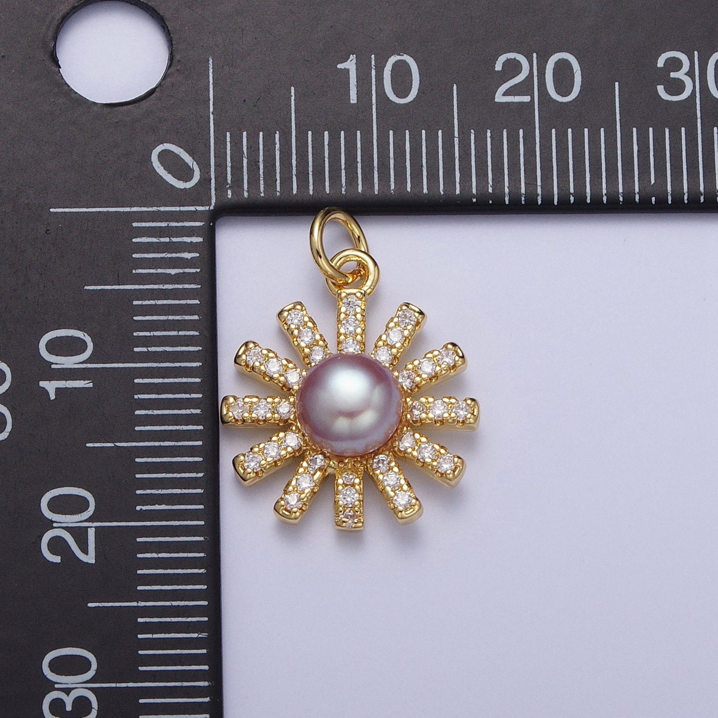 Gold CZ Pearl Flower Pendant, 24K Gold Plated Purple/White Mother of Pearl Micro Paved Clear CZ Sun Summer Spring Flower Charm | N-645