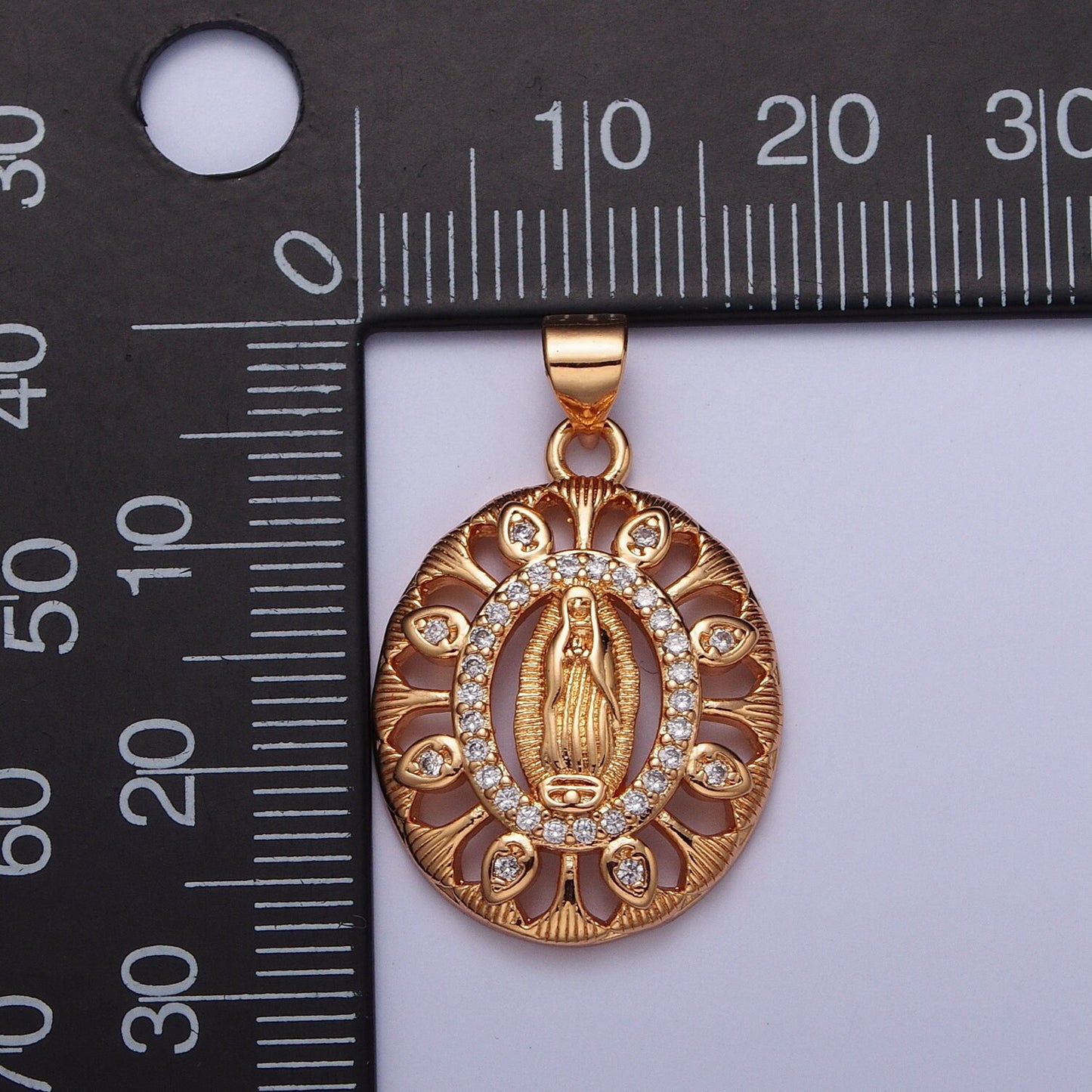 Rose Gold CZ Virgin Mary Oval Flower Cut Pendant, 18K Gold Plated Clear Micro Paved CZ Our Lady of Guadalupe Floral Religious Charm | H-140