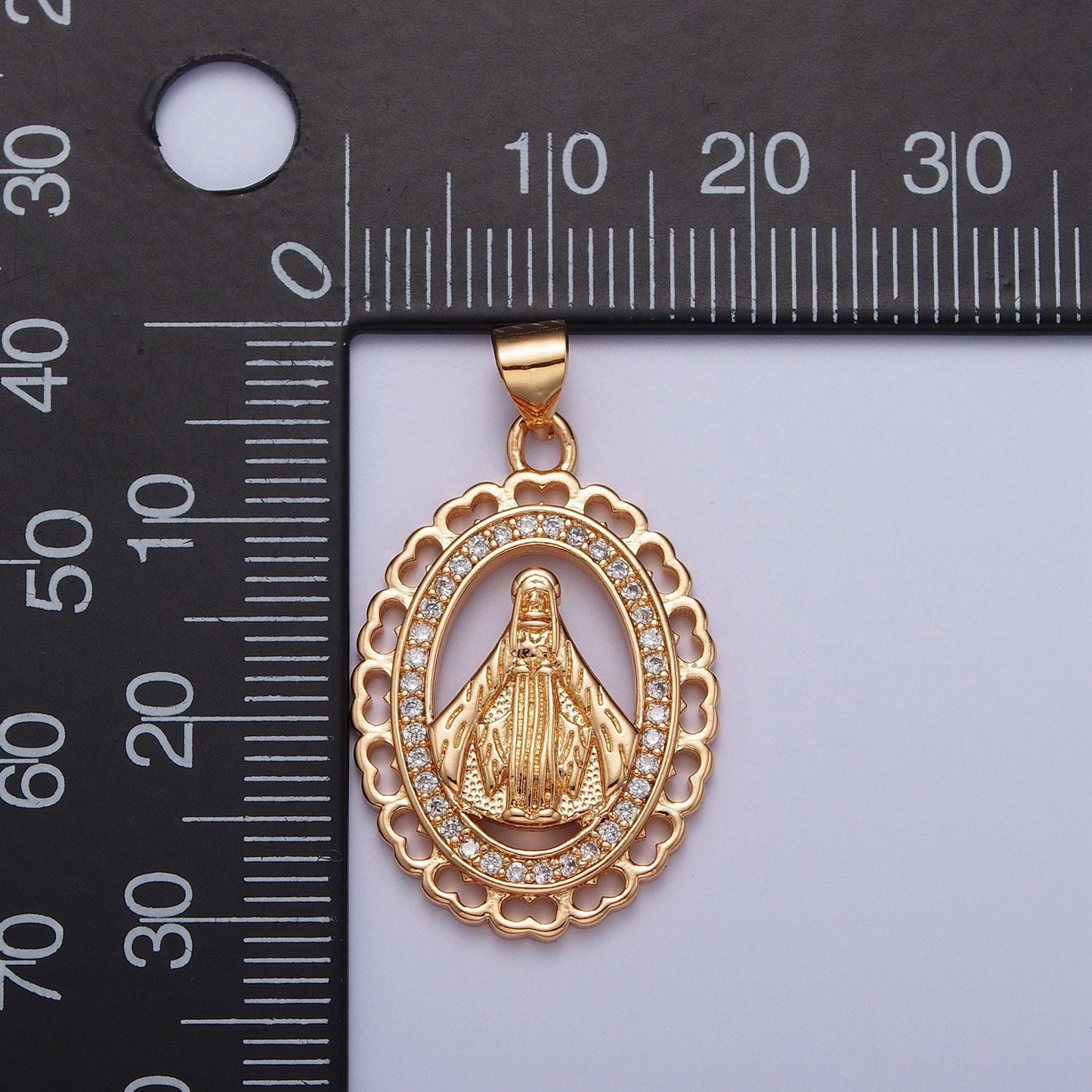Gold CZ Religious Floral Pendant, 18K Gold Plated Clear Micro Paved CZ the Nossa Senhora Aparecida Decorative Edge Religious Charm | H-178