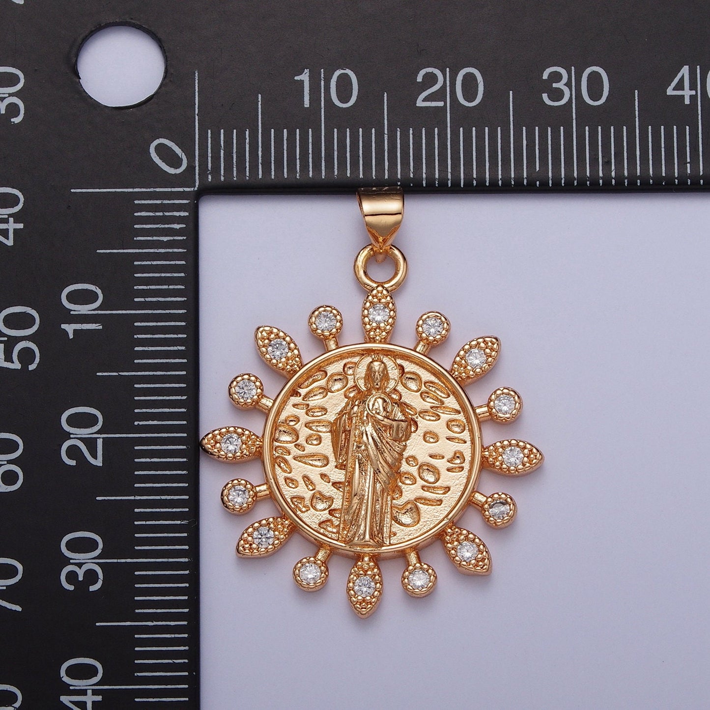 Rosy Tinted Gold Saint Jude Floral Medallion Pendant, 18K Gold Plated Micro Paved Clear CZ San Judas Hammered Decorative Coin Charm | H-191