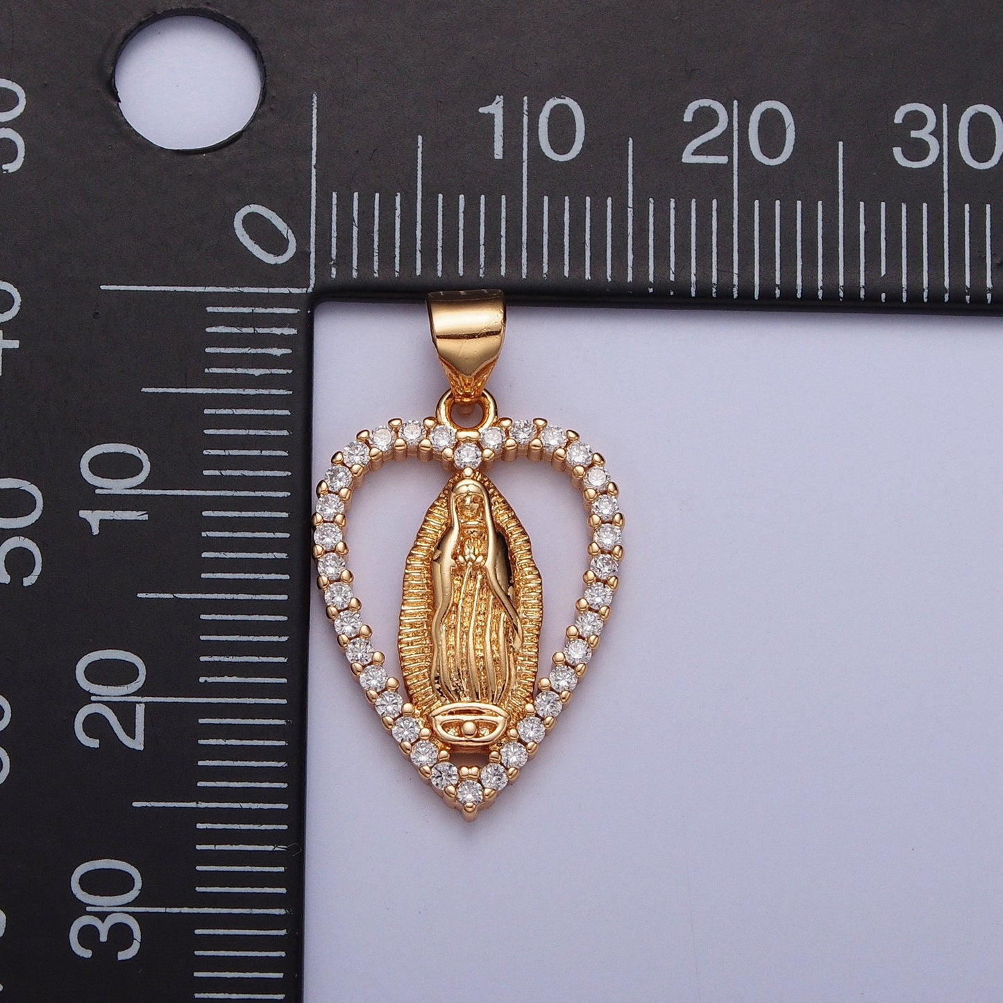 Rose Gold CZ Virgin Mary Heart Pendant, 18K Gold Plated Clear Micro Pave CZ Love Heart Our Lady of Guadalupe Religious Charm | X-680