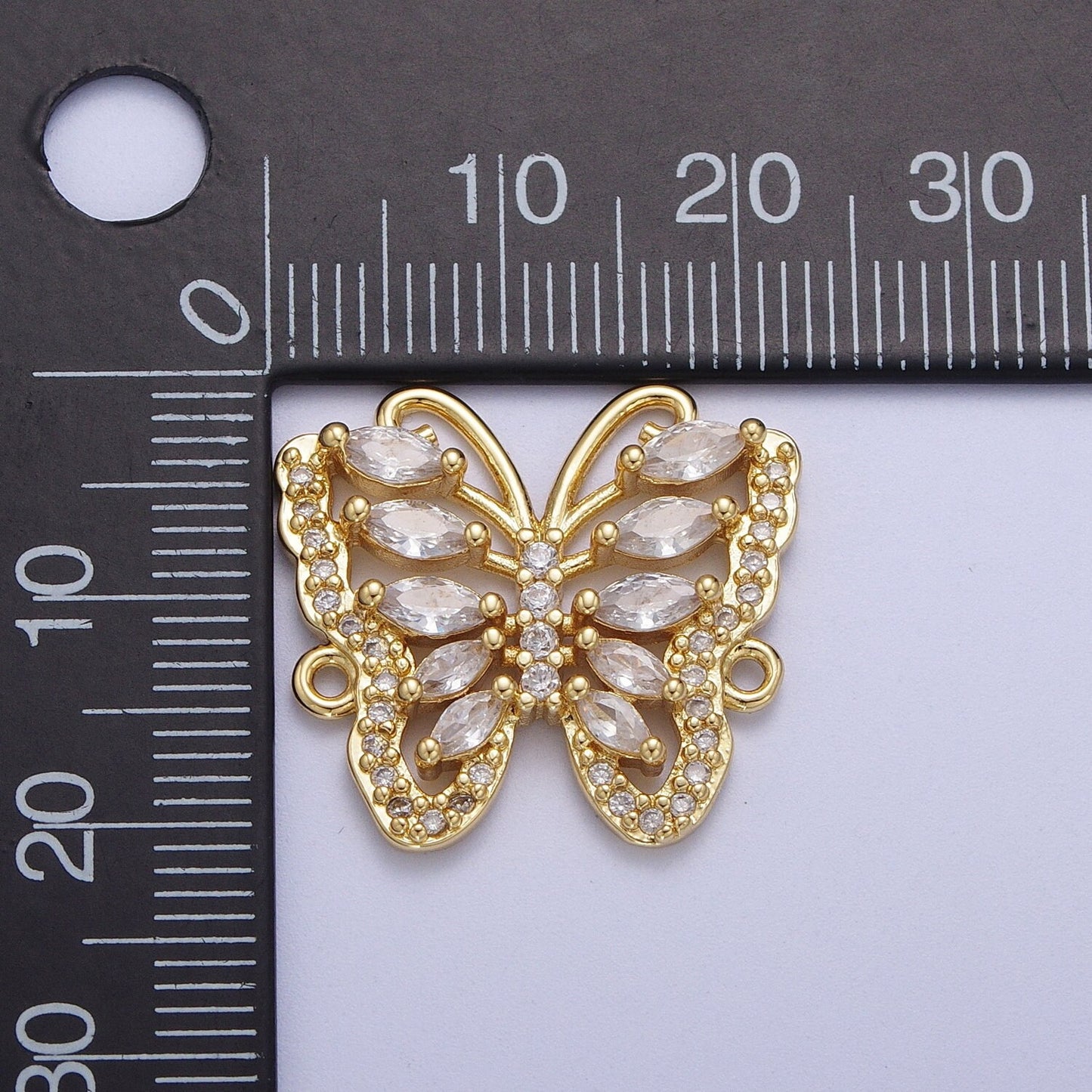 Gold Marquise CZ Butterfly Charm Connector, 24K Gold Plated Micro Paved Clear Marquise Cut CZ Mariposa Butterflies Charm Connector | F-316