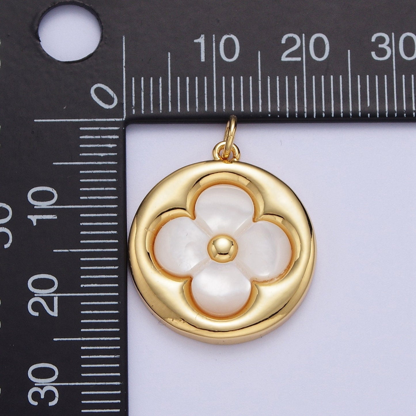 Gold Pearly White Four Leaf Lucky Charm Flower Round Button Charm, 14K Gold Plated Shell Pearl Clover Florette Floral Pendant | C-706
