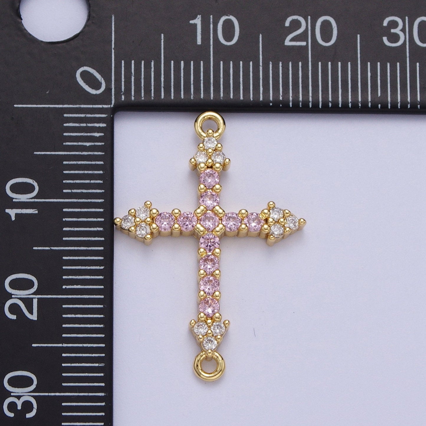 Gold CZ Cross Charm Connector, 24K Gold Plated Clear and Pink Micro Paved CZ Arrow Cross Religious Link Connector | F-140