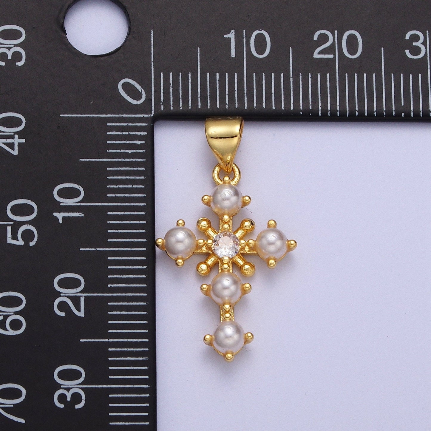 Gold CZ Mother of Pearl Cross Pendant, 24K Gold Plated North Star Clear Micro Paved CZ Natural Peals Religious Cross Charm | H-663
