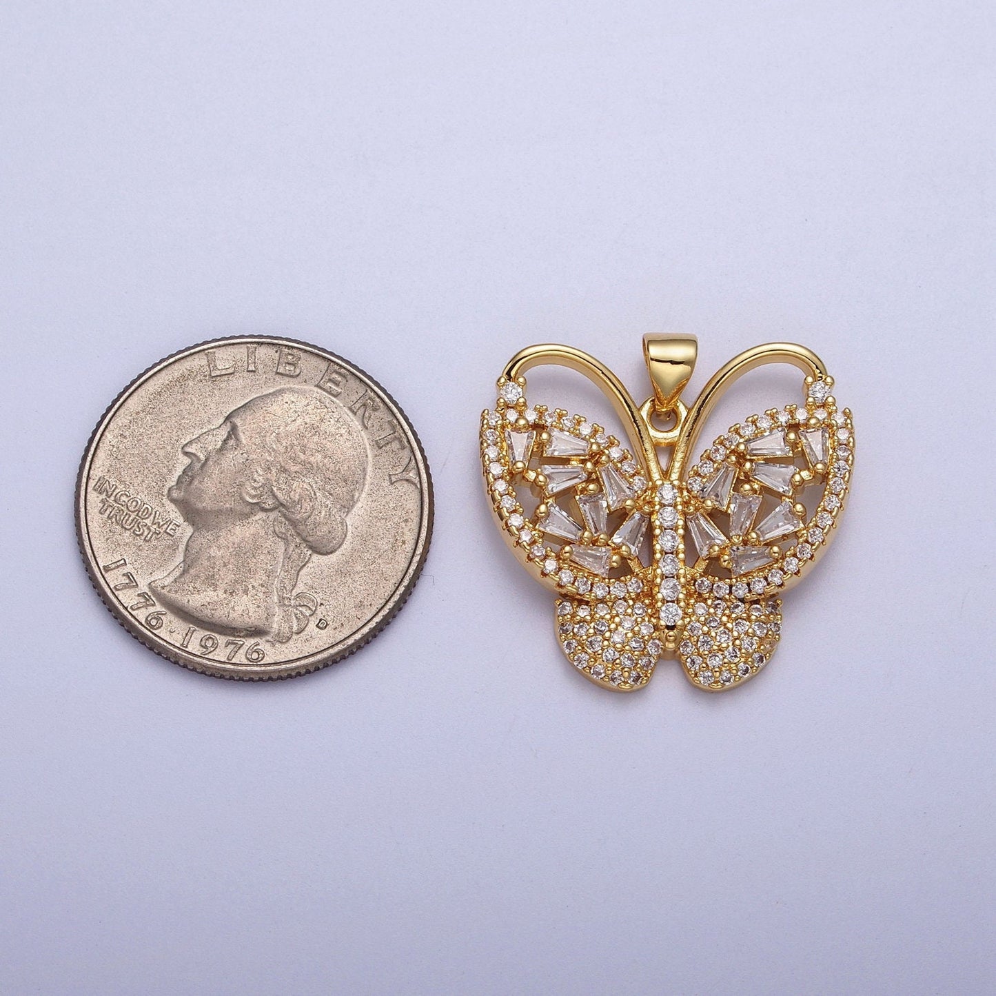 Dainty Baguette Micro Paved CZ Monarch Butterfly Charm Gold CZ Pendant | H166