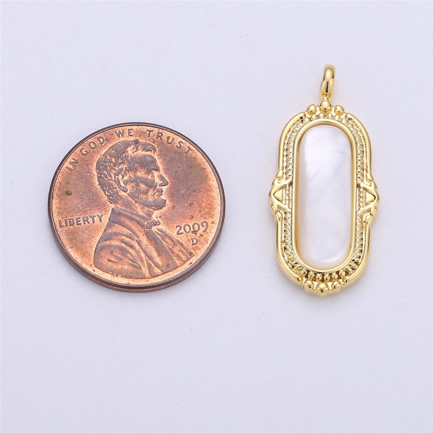 14K Gold Filled Mother of Pearl Oval Vintage Charm Rectangular Artisan Pendant | H221