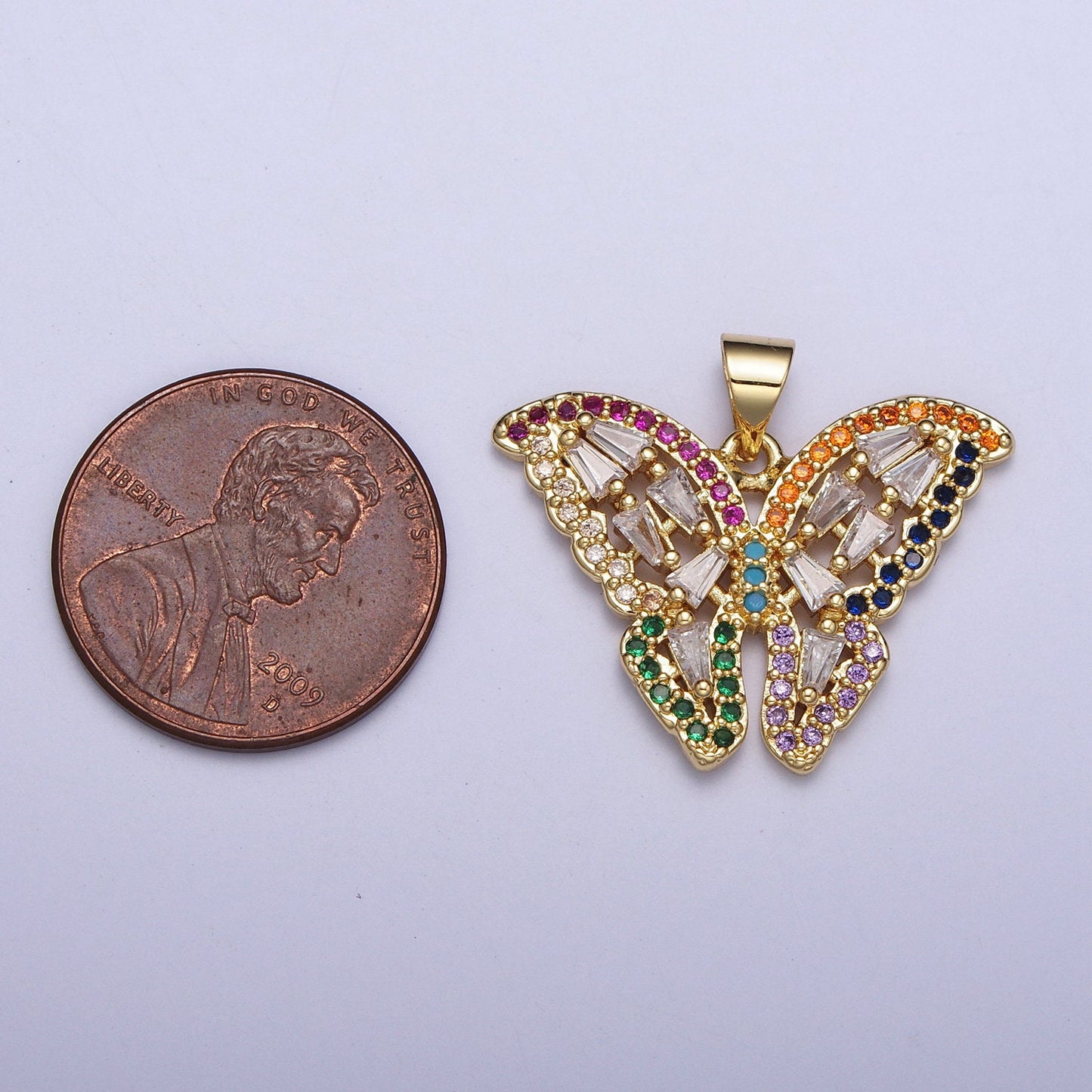 Colorful Cubic Butterfly Charm Micro Pave Gold Mariposa Pendant Baguette Monarch Pendant Necklace, For DIY Jewelry H-351