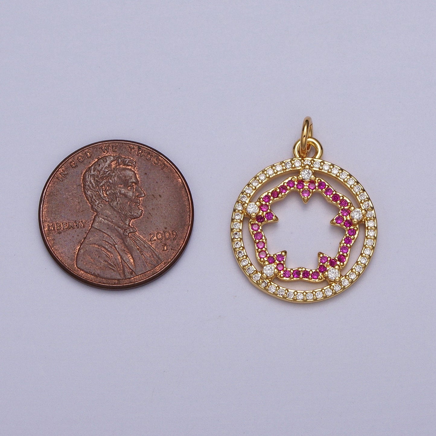 Gold Cubic Pink Fuchsia Flower Charm Outline Floral Micro Paved Coin Medallion Clear CZ Open Round Gold Charm | AC018