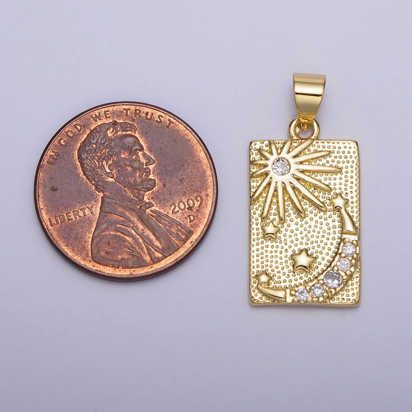 Gold Tag Celestial Pendant Clear CZ Sun Star Crescent Moon Dotted Rectangular Pendant | AA089