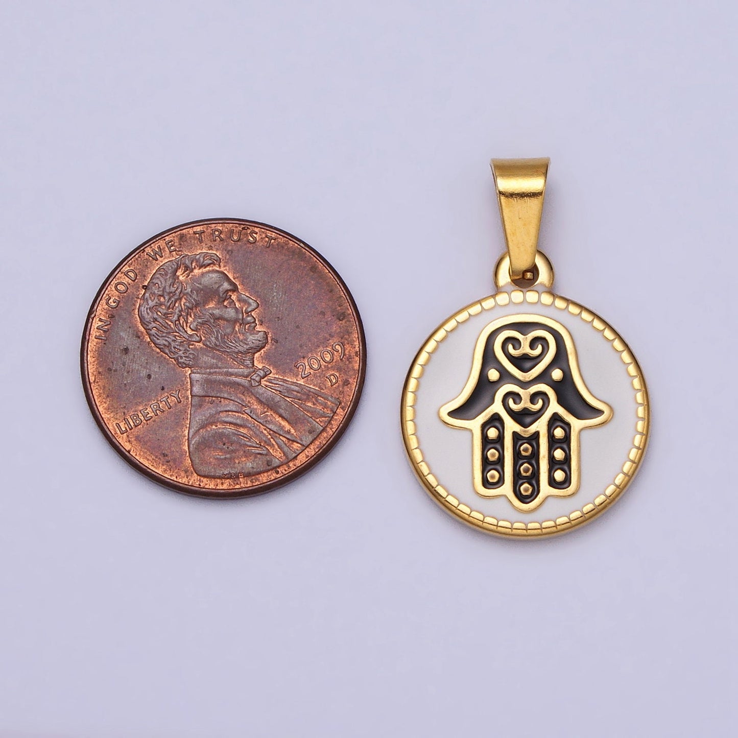 Stainless Steel Black Hamsa Hand White Enamel Round Pendant in Gold & Silver | J655 J659