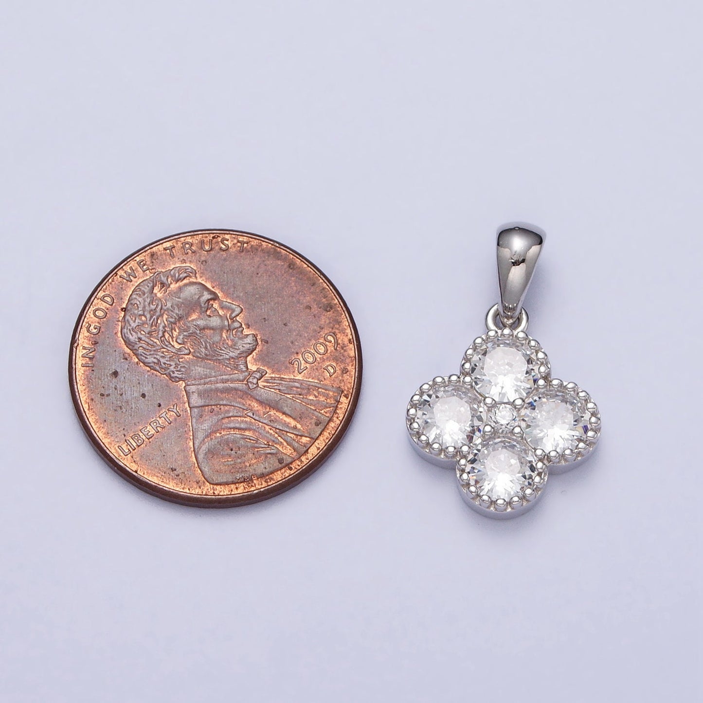 Tiny Sterling Silver Four Leaf Clover Charm, Good Luck Charm, Good Fortune Saint Patrick Charm, Small Flower CZ Clover Luck of the Irish