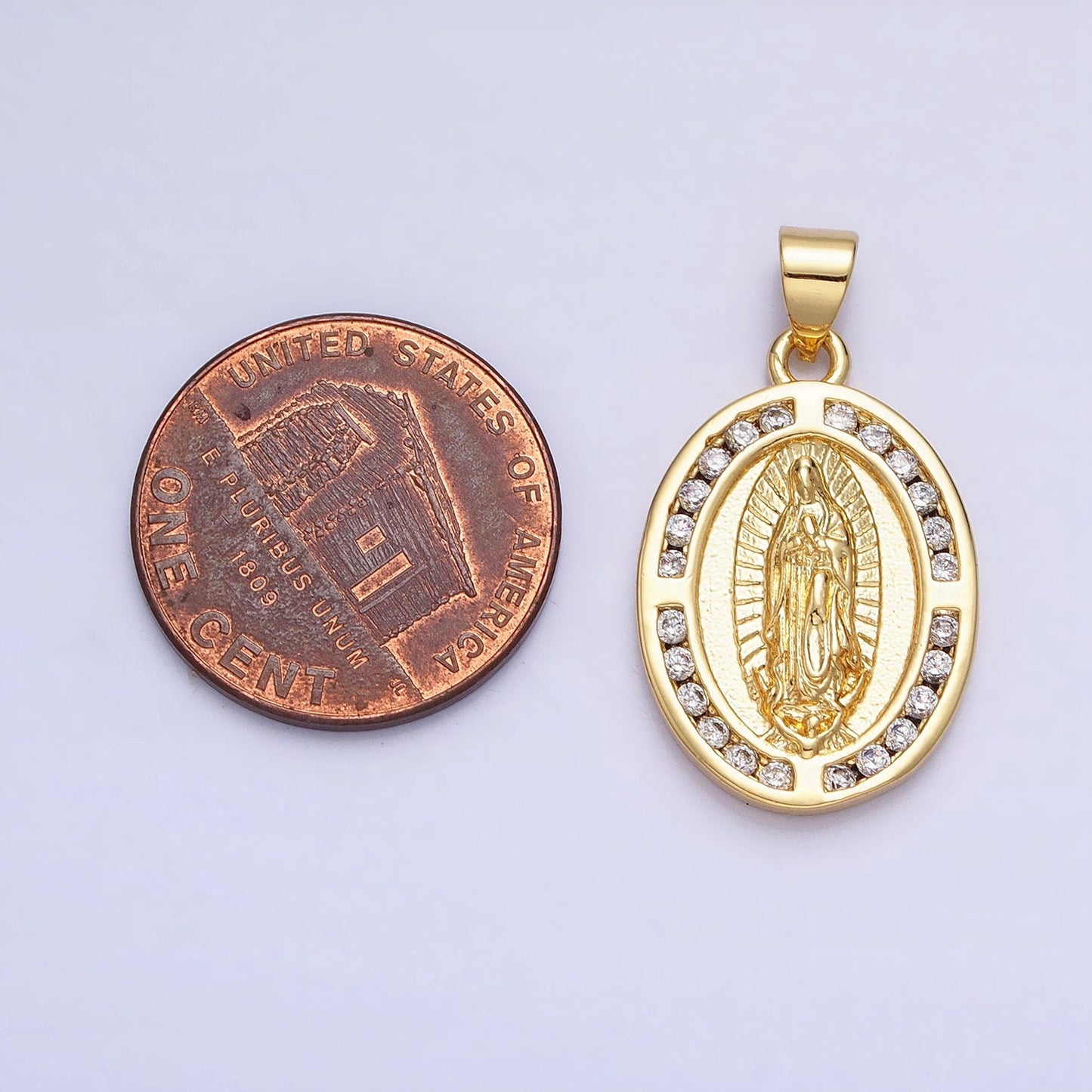 Micro Pave Gold Virgin Mother Mary Charm Oval Medallion Lady Guadalupe Religious Pendant | AA234