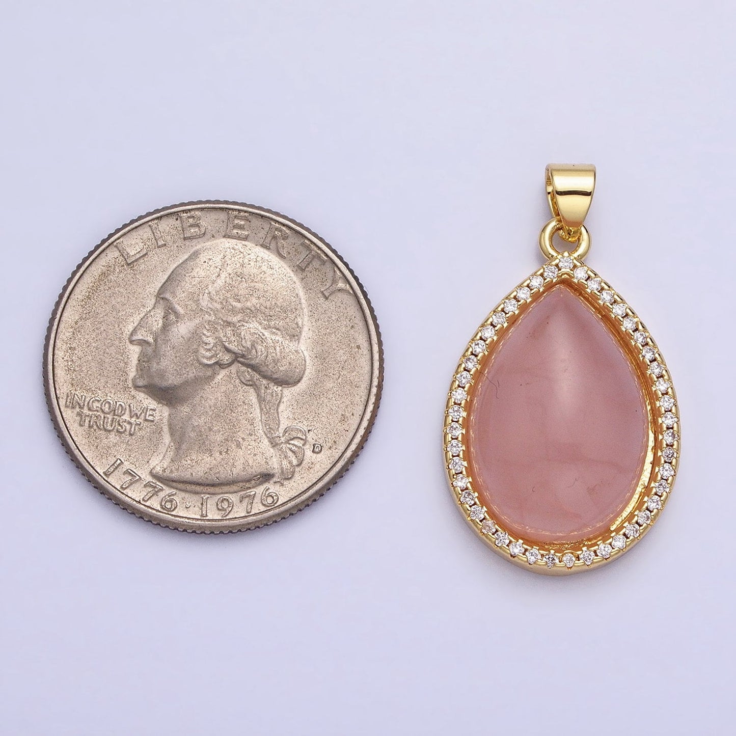 24K Gold Filled 30mm Rose Quartz Natural Gemstone Teardrop Micro Paved CZ Pendant | AA340