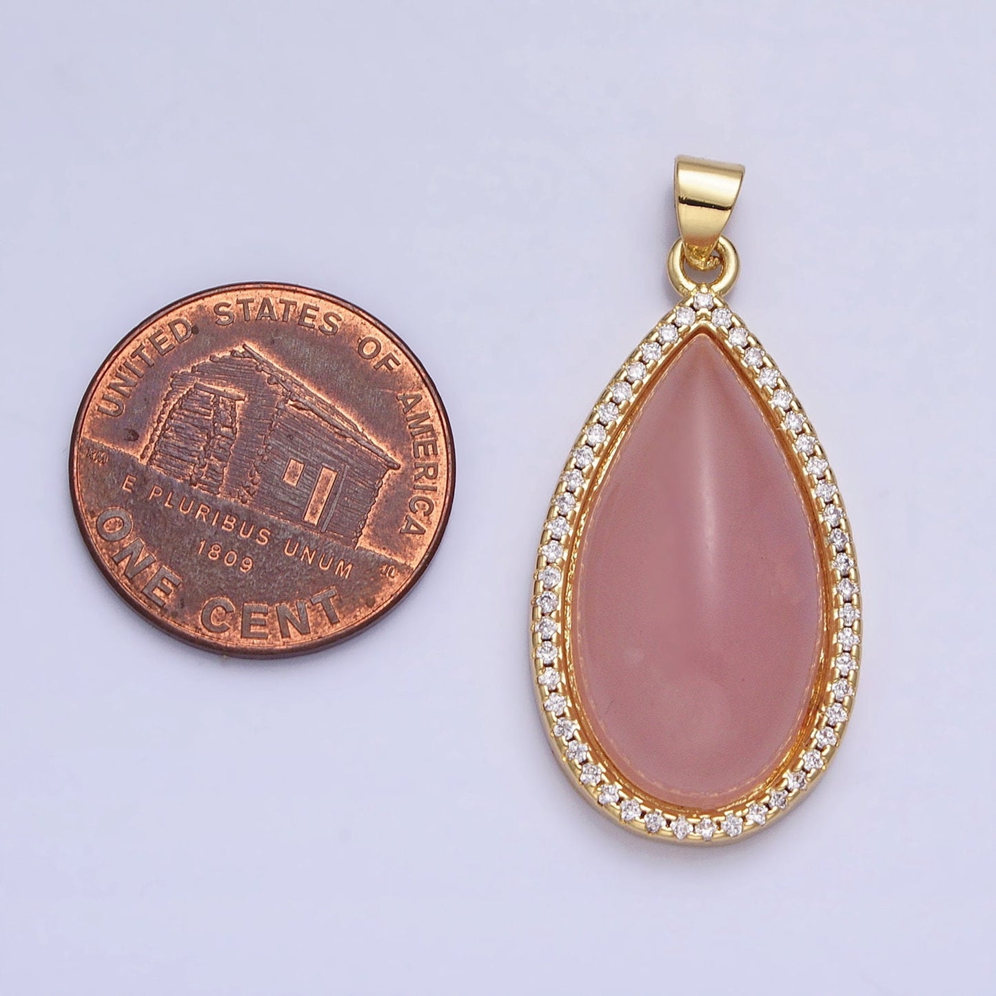 24K Gold Filled Rose Quartz Natural Gemstone Cabochon Micro Paved CZ 35mmx16.3mm Teardrop Pendant | AA339