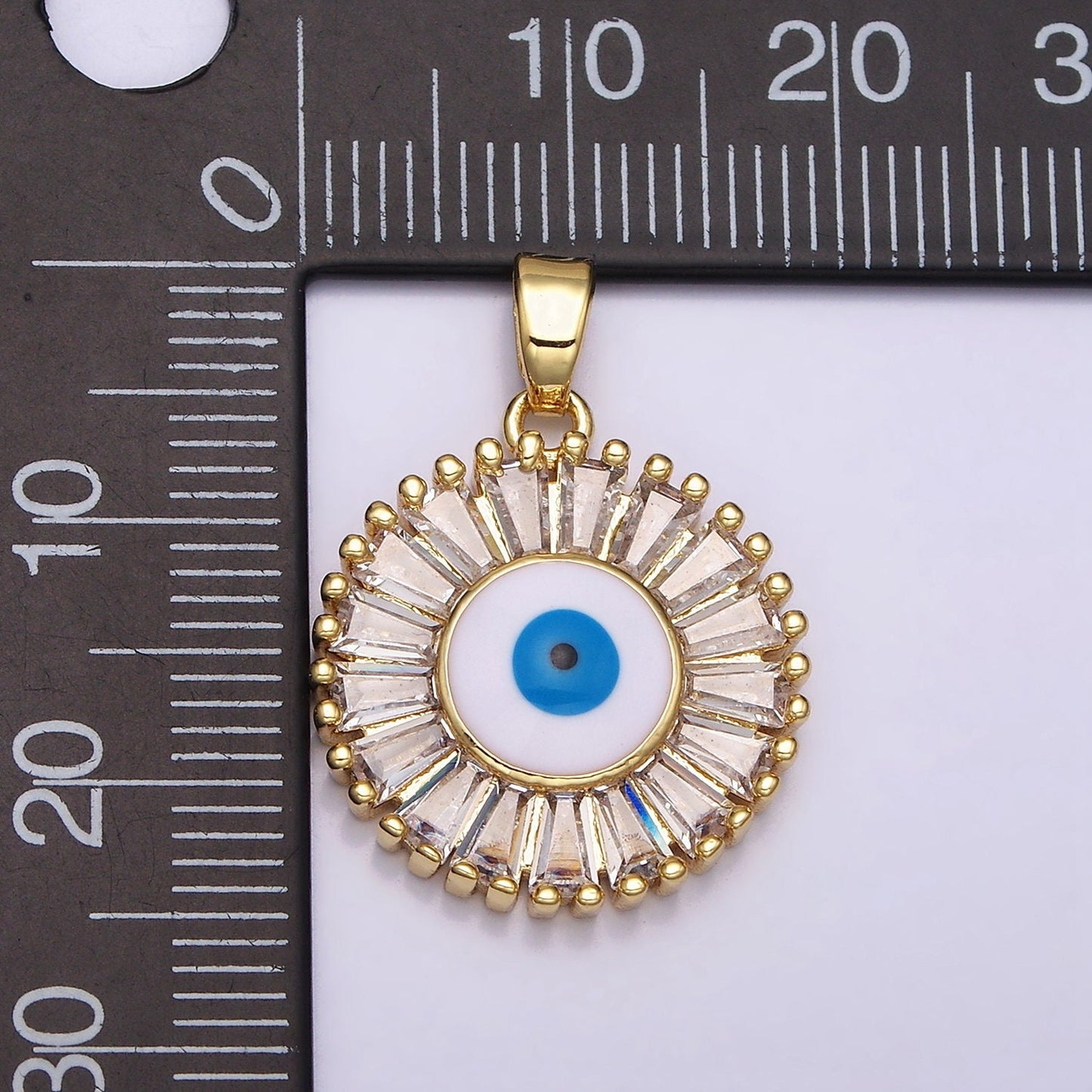 16K Gold Filled Evil Eye Enamel Clear Baguette CZ Round Pendant in Gold & Silver | AA480 AA481