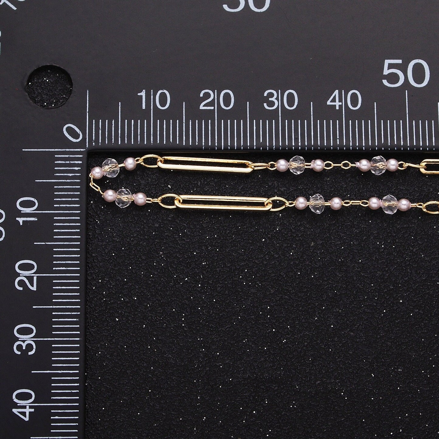 Fine Chain 16K Gold Filled 3mm White Shell Pearl Clear Rondell Paperclip Link Unfinished Chain in Gold & Silver | ROLL-1341 ROLL-1342