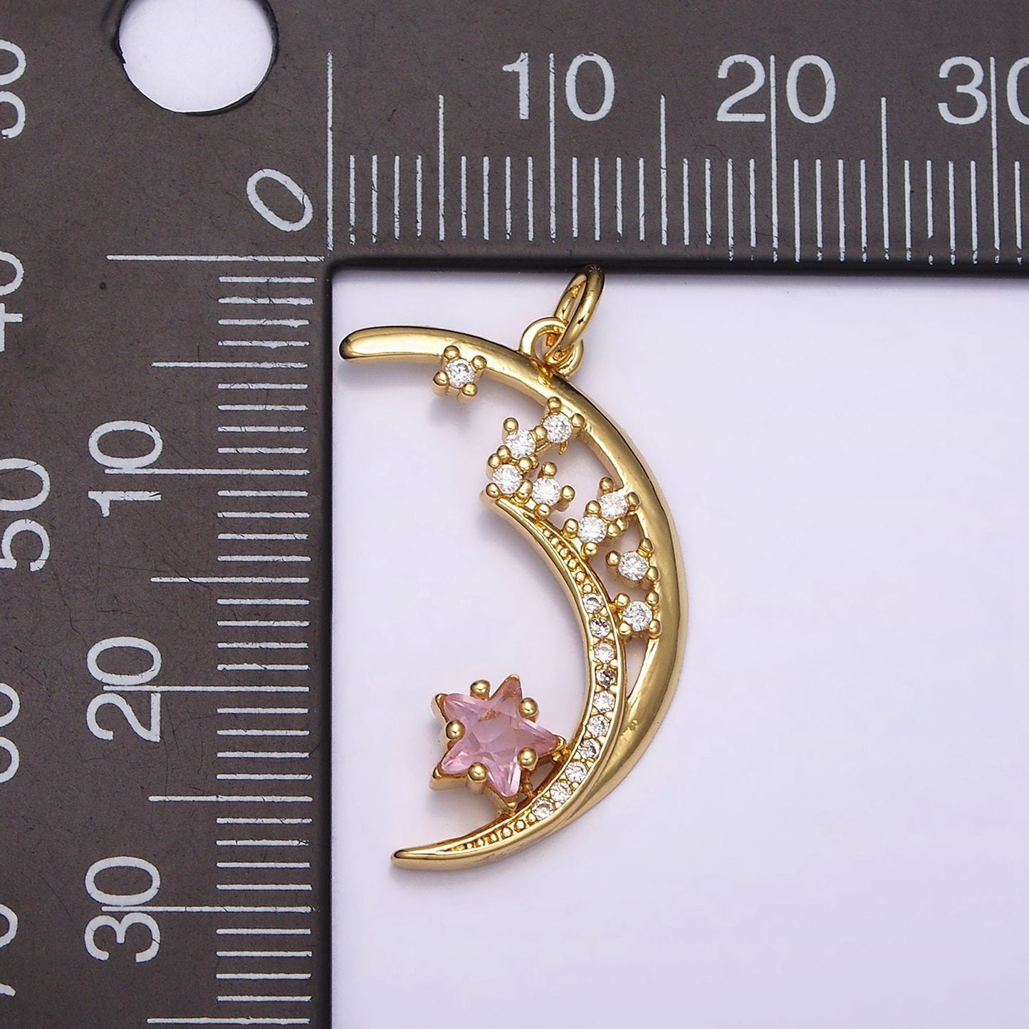 16K Gold Filled Celestial Pendant Crescent Moon Pink Star Micro Paved CZ Charm | AA483