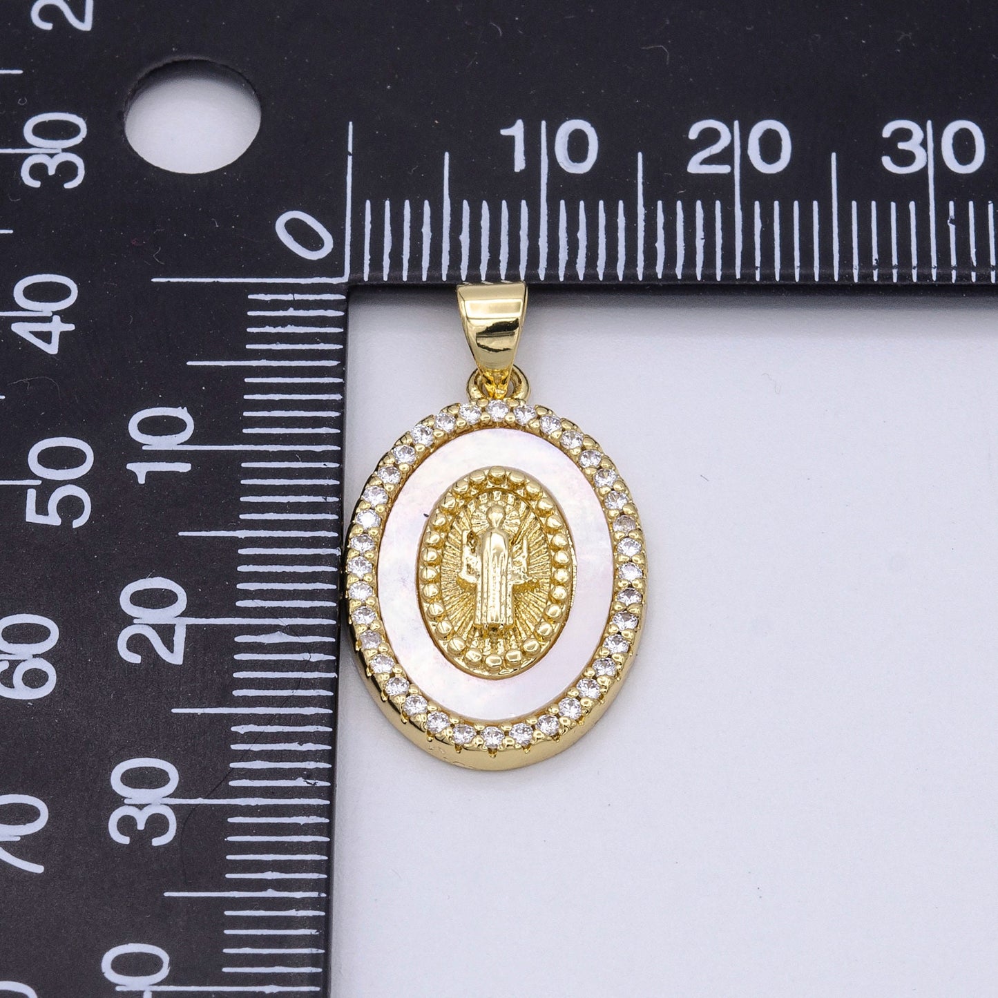 Saint Benedict Medallion Pearl Charms, 14K Gold Filled San Benito Pearl Oval Pendant w/ Micro Pave CZ Stone for Religious Jewelry AA428