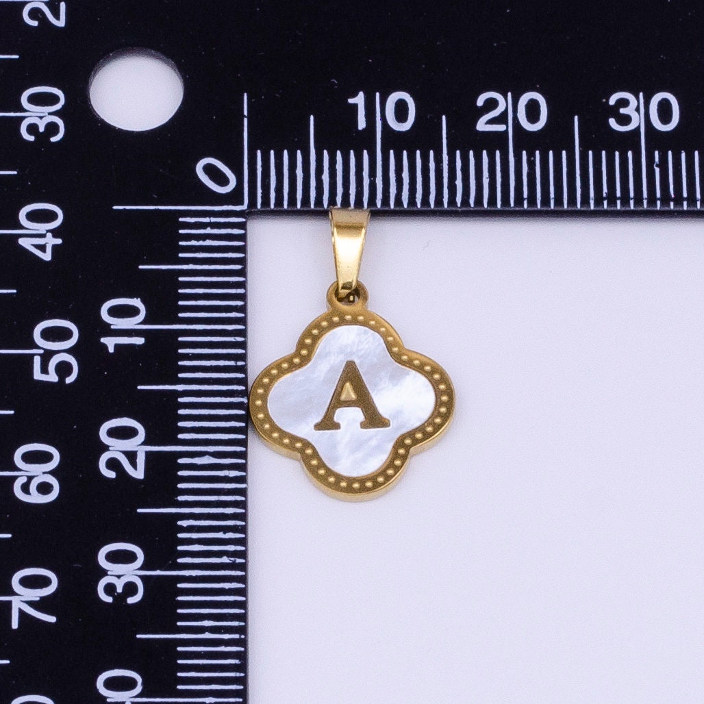 Gold Pearl Letter Charm Gold Clover Alphabet Charm Shell Letter Pendant Personalized Initial Charm Stainless Steel Tarnish Free AD677