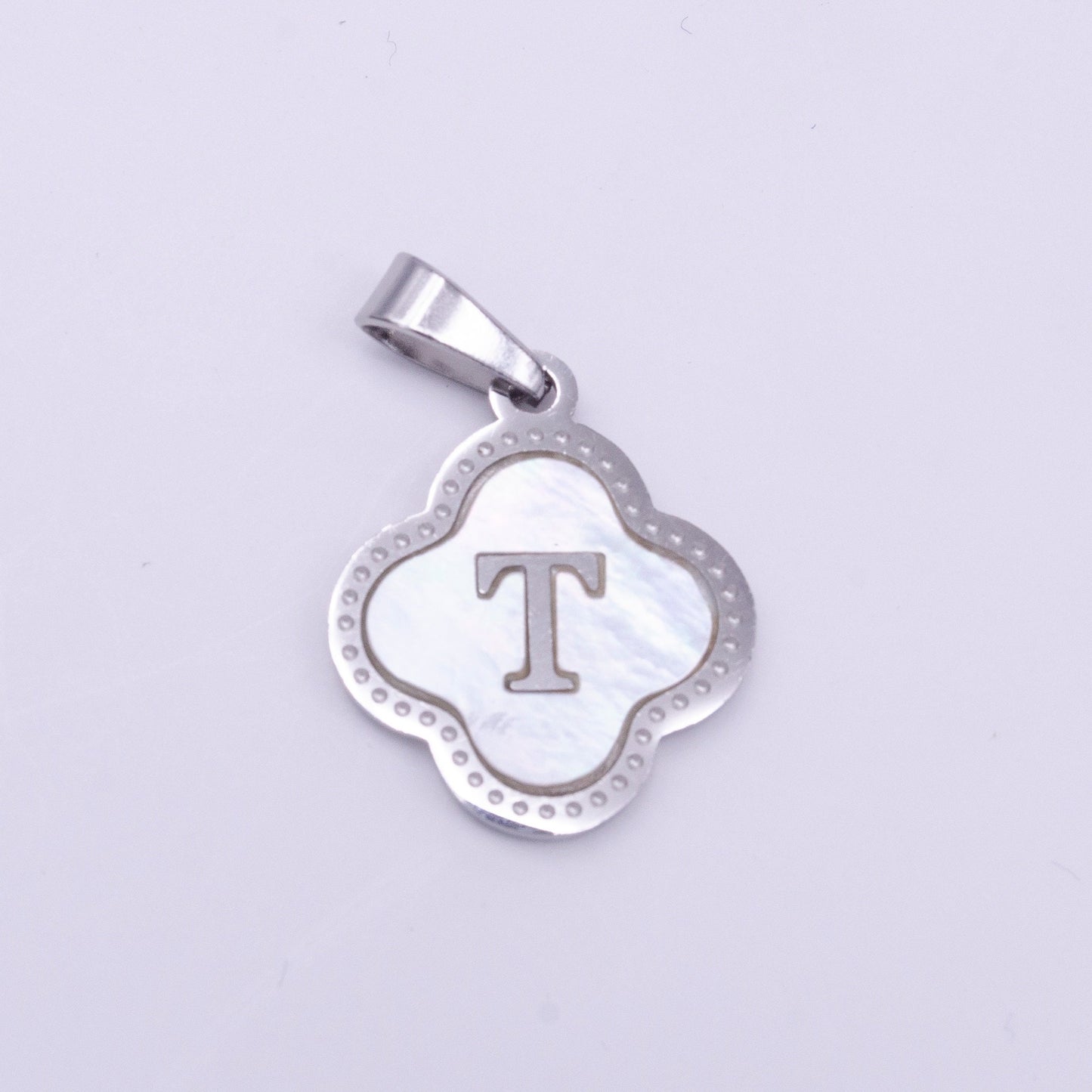 Quaterfoil Pearl Letter Charm Gold Clover Alphabet Charm Shell Letter Pendant Personalized Initial Charm Stainless Steel Tarnish Free AD677