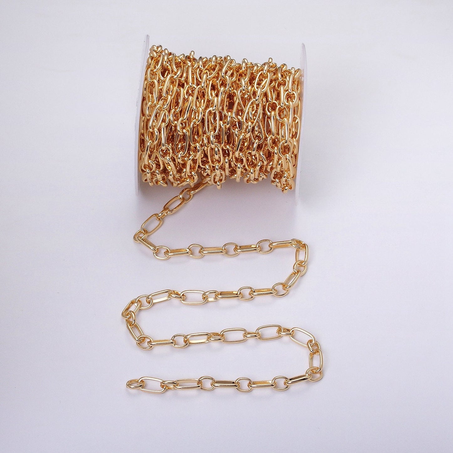 16K Gold Filled 7.2mm Width Oval Paperclip Cable Link Unfinished Chain by Yard in Gold & Silver | ROLL-1229 ROLL-1230