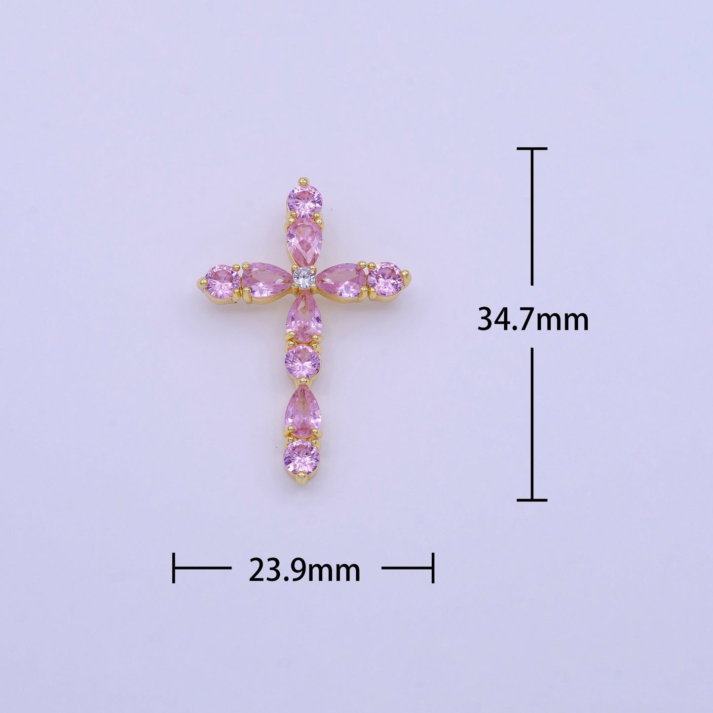 16K Gold Filled Clear, Pink Round Teardrop CZ Lined Religious Cross Pendant | AA423 AA424