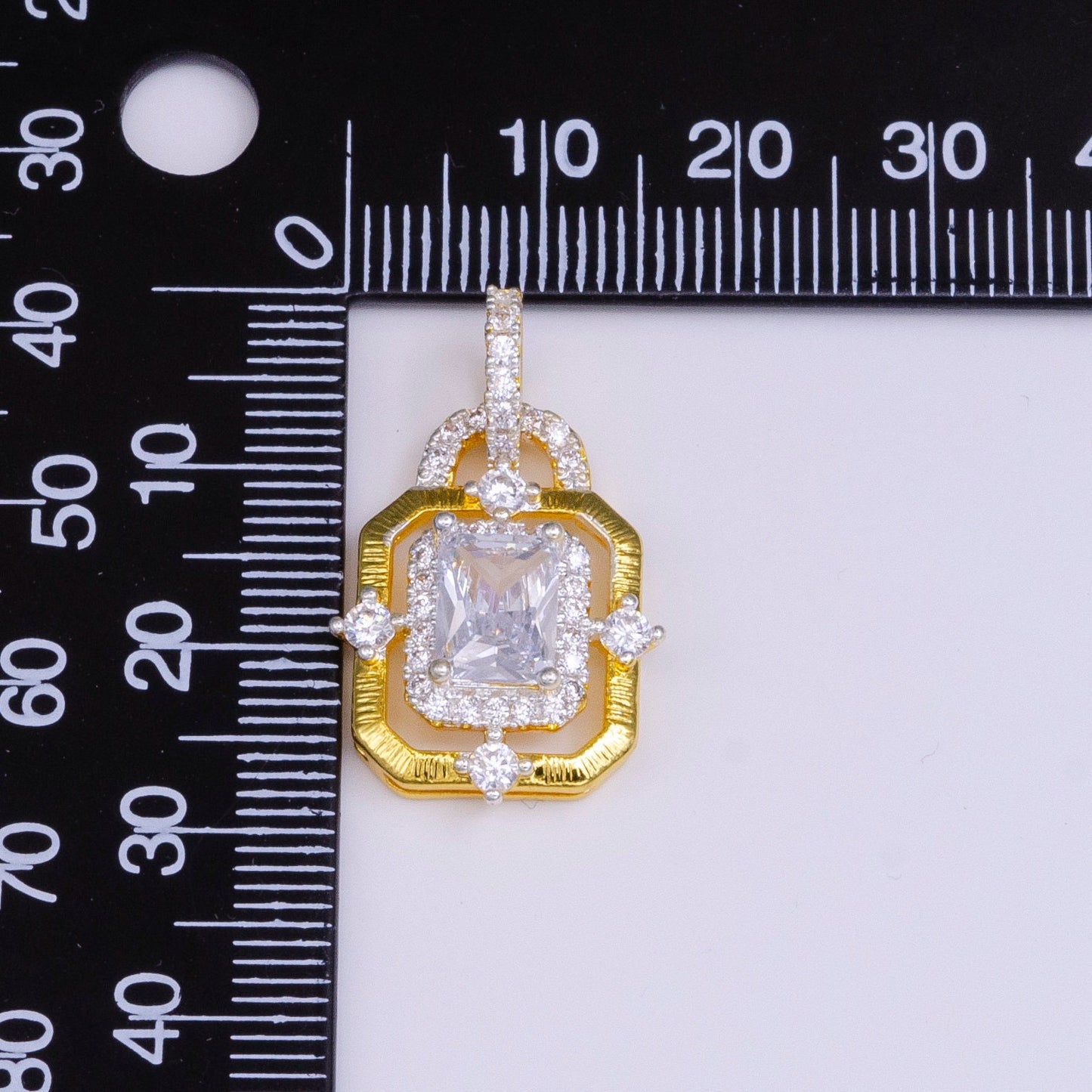Elegant Gold CZ Crystals Square Pendant, 24K Gold Filled Red/Clear/Green Diamond Micro Paved Clear CZ Emerald Cut Stones Round Charm AA-526