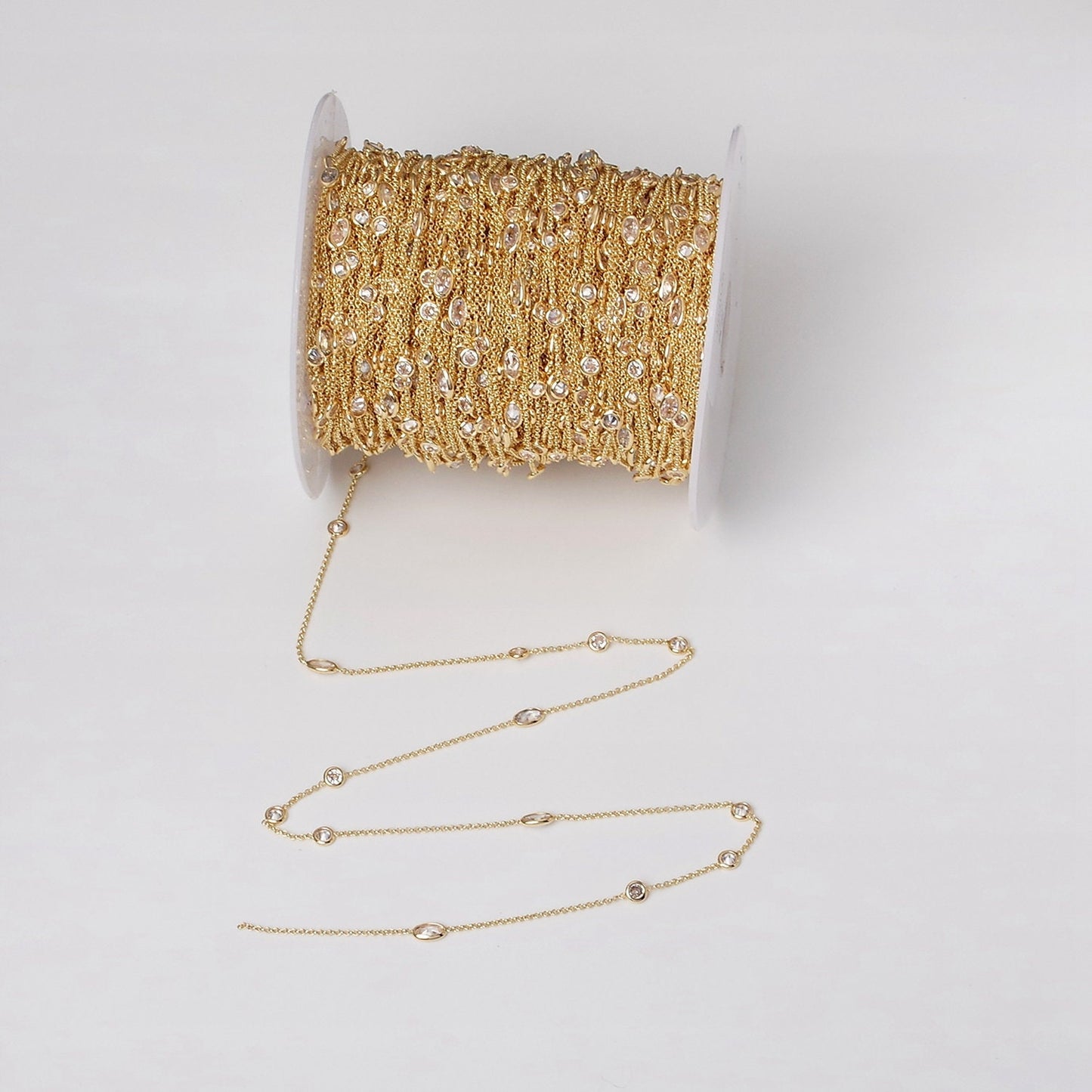 16K Gold Filled Clear Round Oval CZ Rolo Unfinished Chain in Gold & Silver Satellite Chain for Jewelry Making | ROLL-1365 ROLL-1366