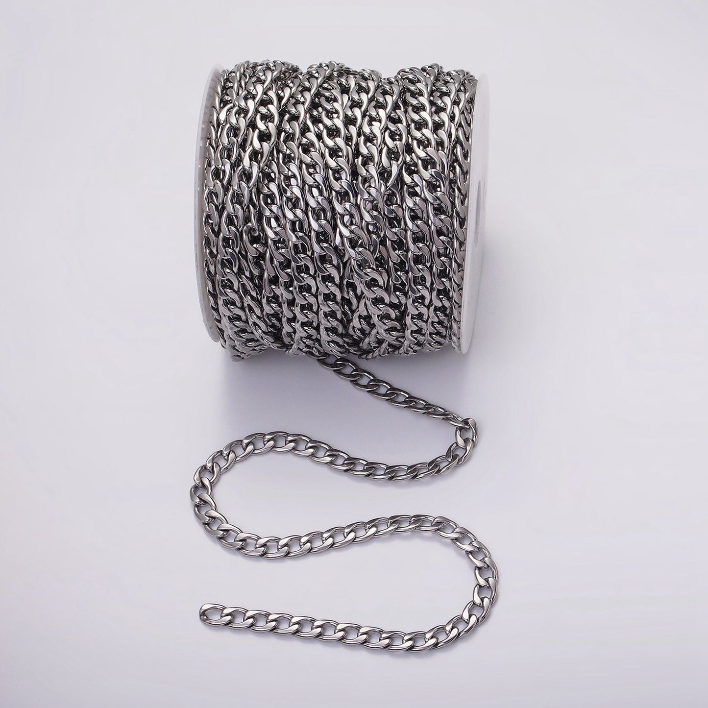 White Gold Filled 7.5mm Cuban Concave Flat Curb Unfinished Chain For Jewelry Making | ROLL-1489