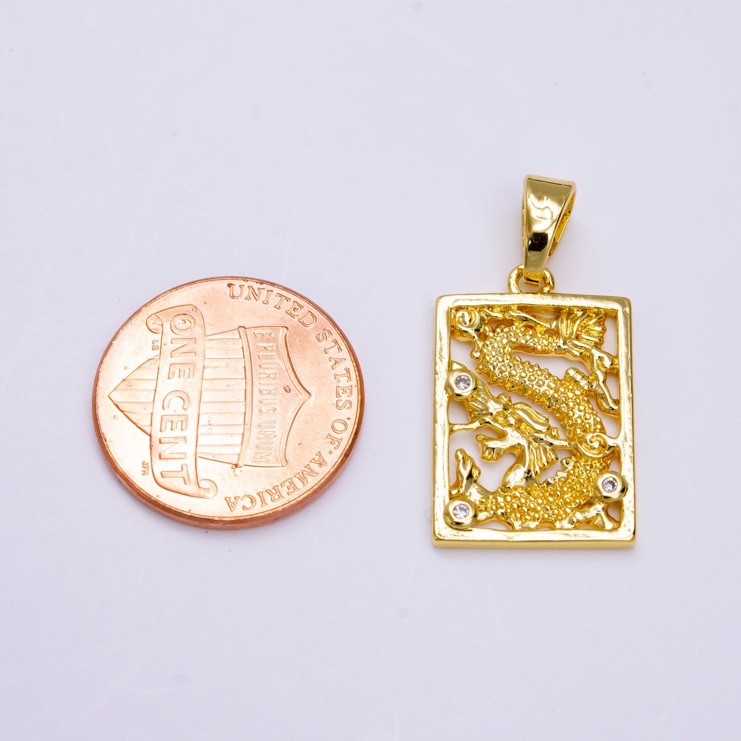 Dragon Rectangle Necklace Charm Gold CZ Dragon Necklace Pendant Chinese Dragon Amulet Necklace Component AA-778