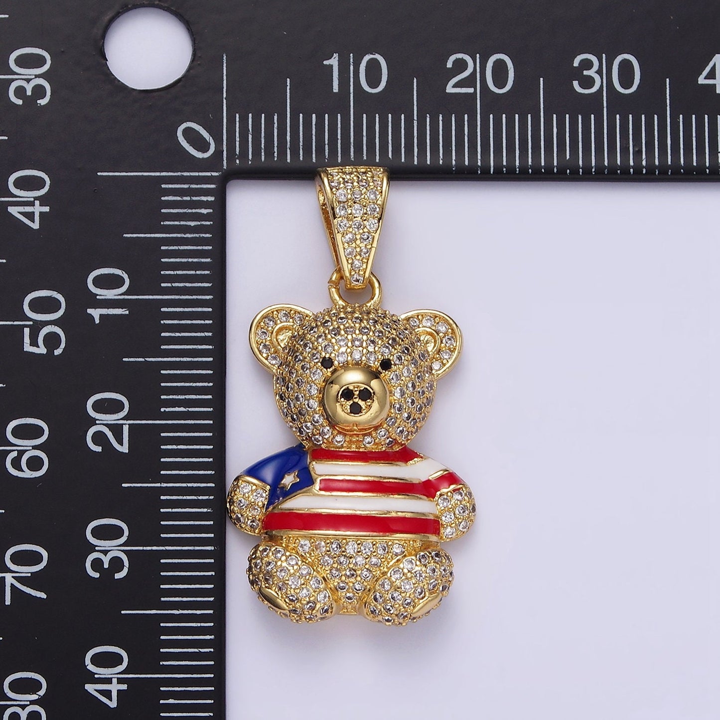14K Gold Filled 35mm Bear Animal Flag Shirt Clear Micro Paved CZ Bail Pendant | AA642