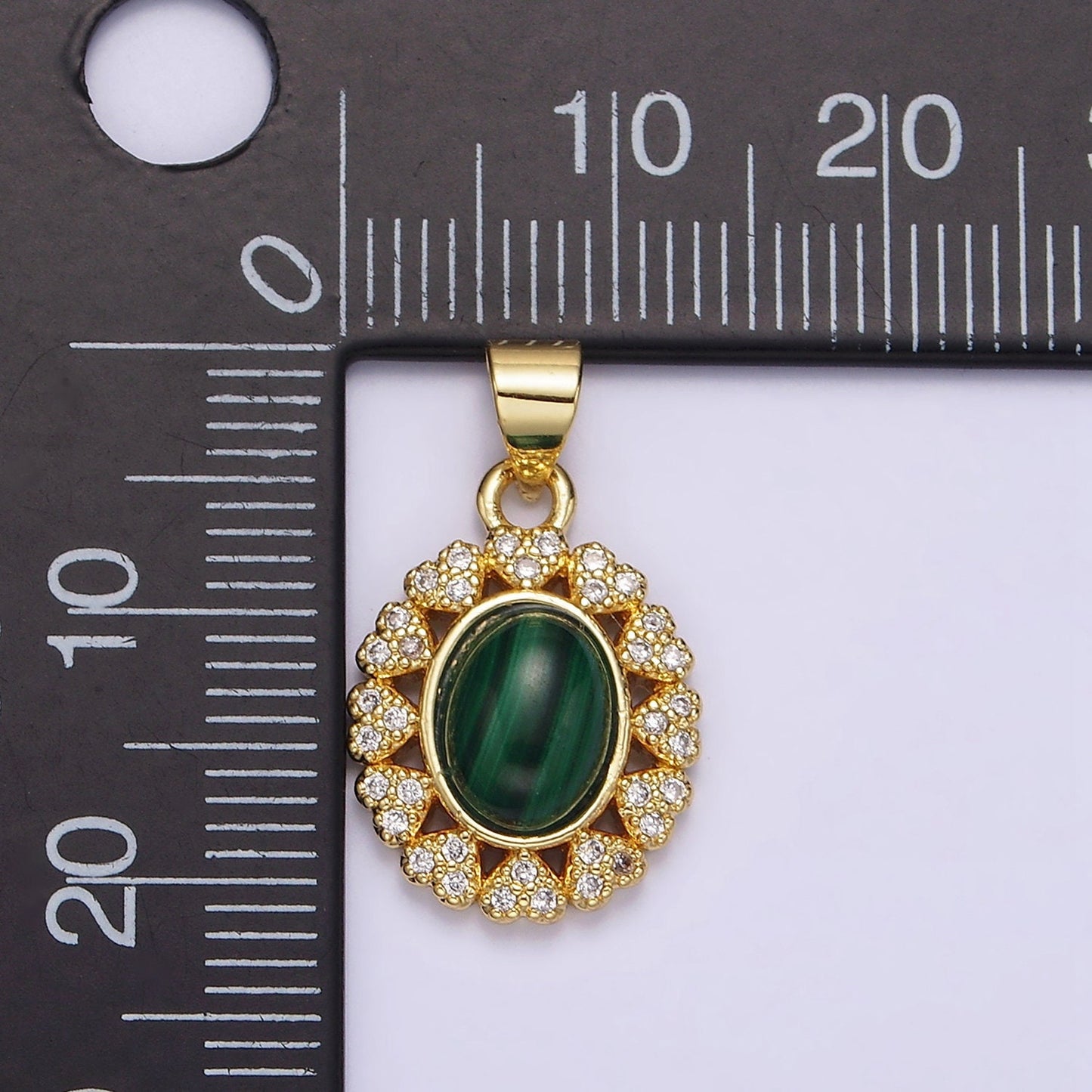 14K Gold Filled Malachite Cabochon Micro Paved CZ Heart Lined Oval Pendant | AA644