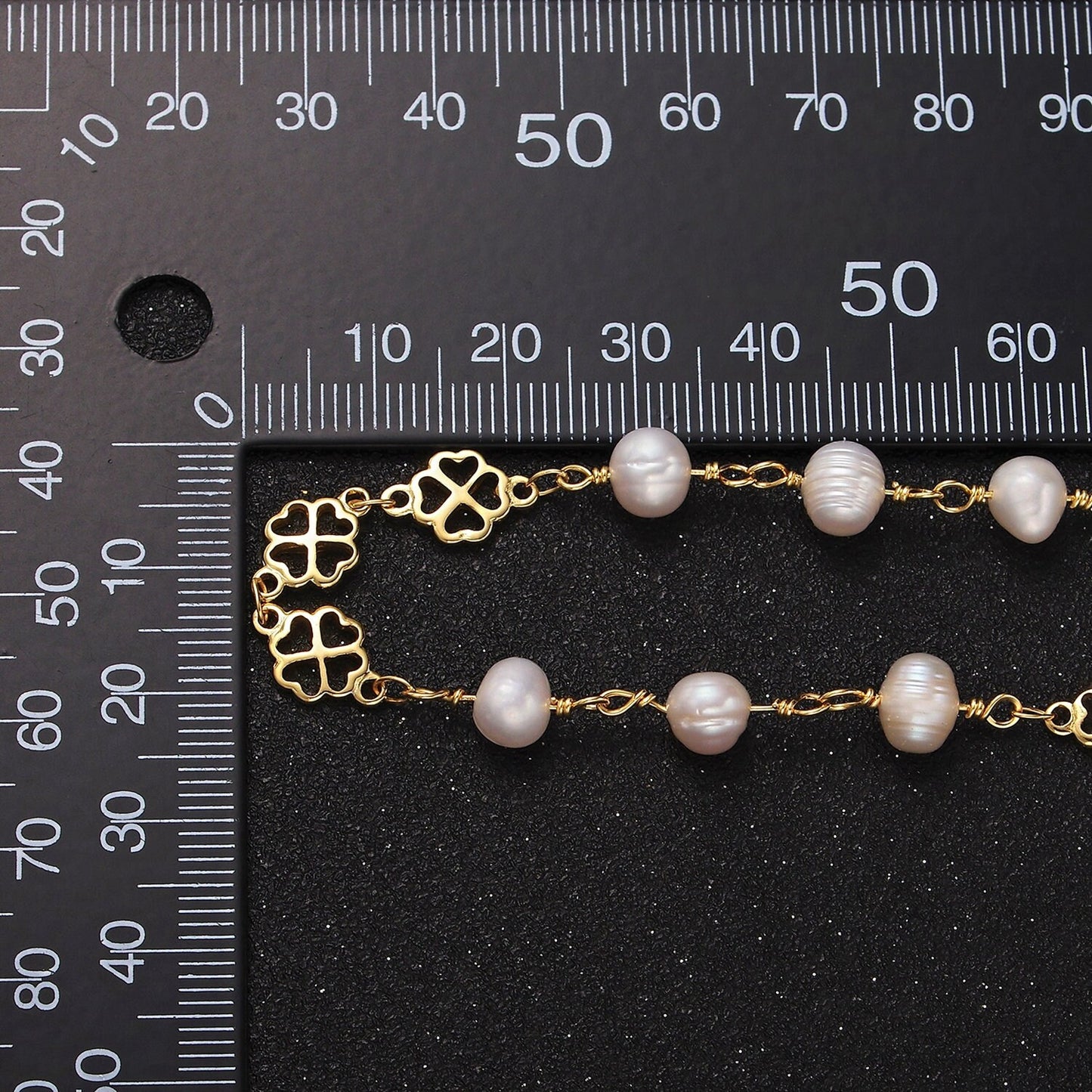 Dainty Gold Triple Ringed Button White Freshwater Pearl Clover Heart Petal Unfinished Designed Chain For Jewelry Making | ROLL-1409