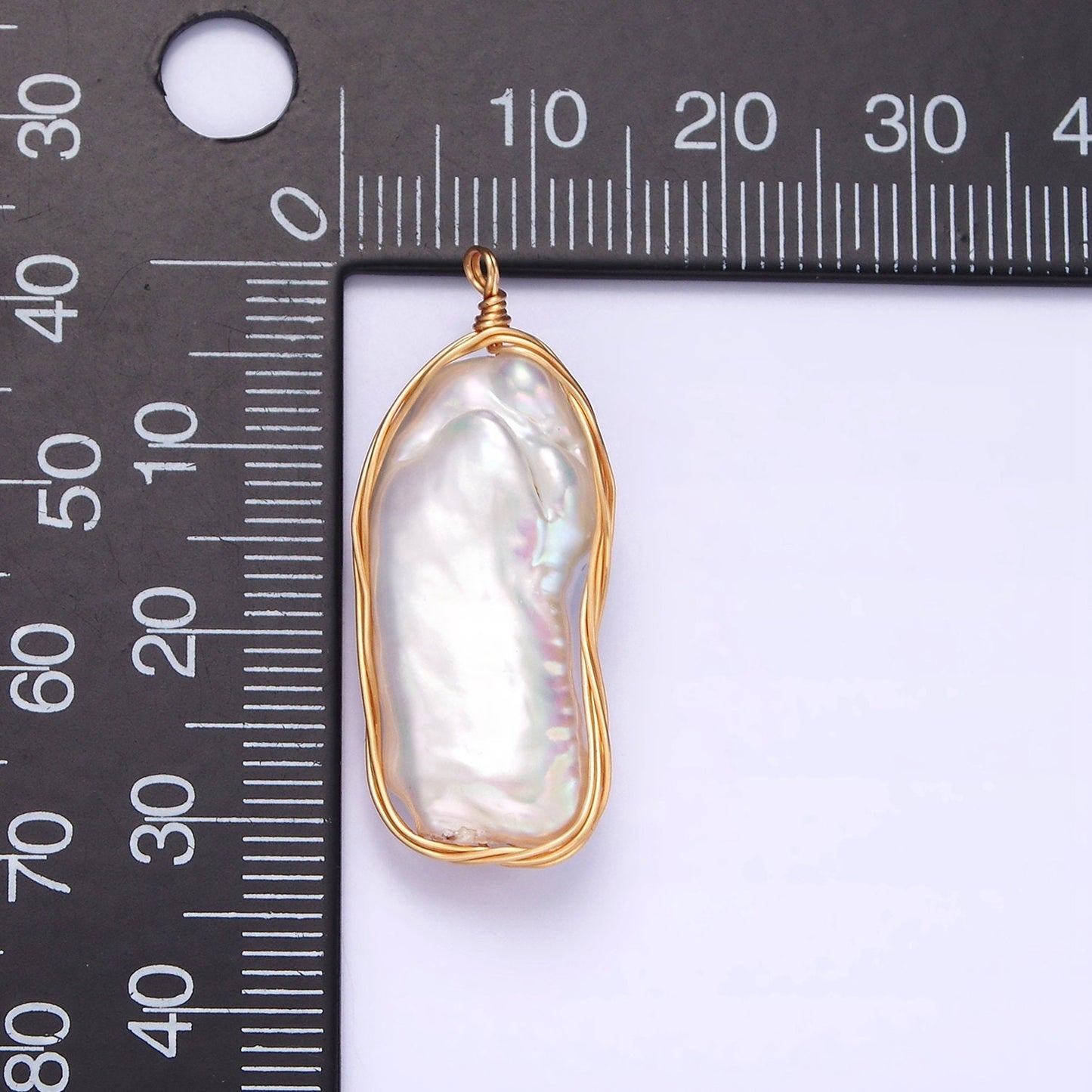24K Gold Filled 32mm White Baroque Freshwater Pearl Multiple Wire Wrapped Charm | N1042