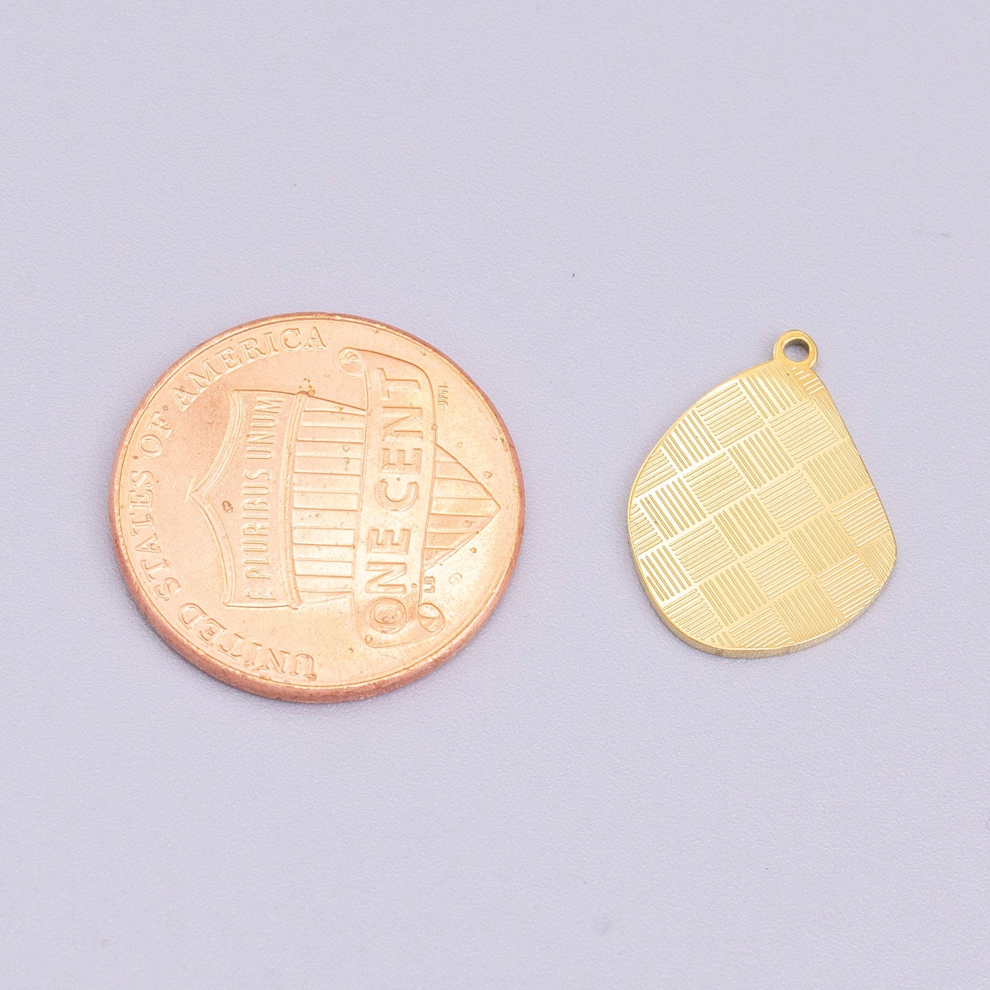 Stainless Steel Line Engraved Checkered Abstract Pear-Shaped Charm in Gold & Silver | P-918