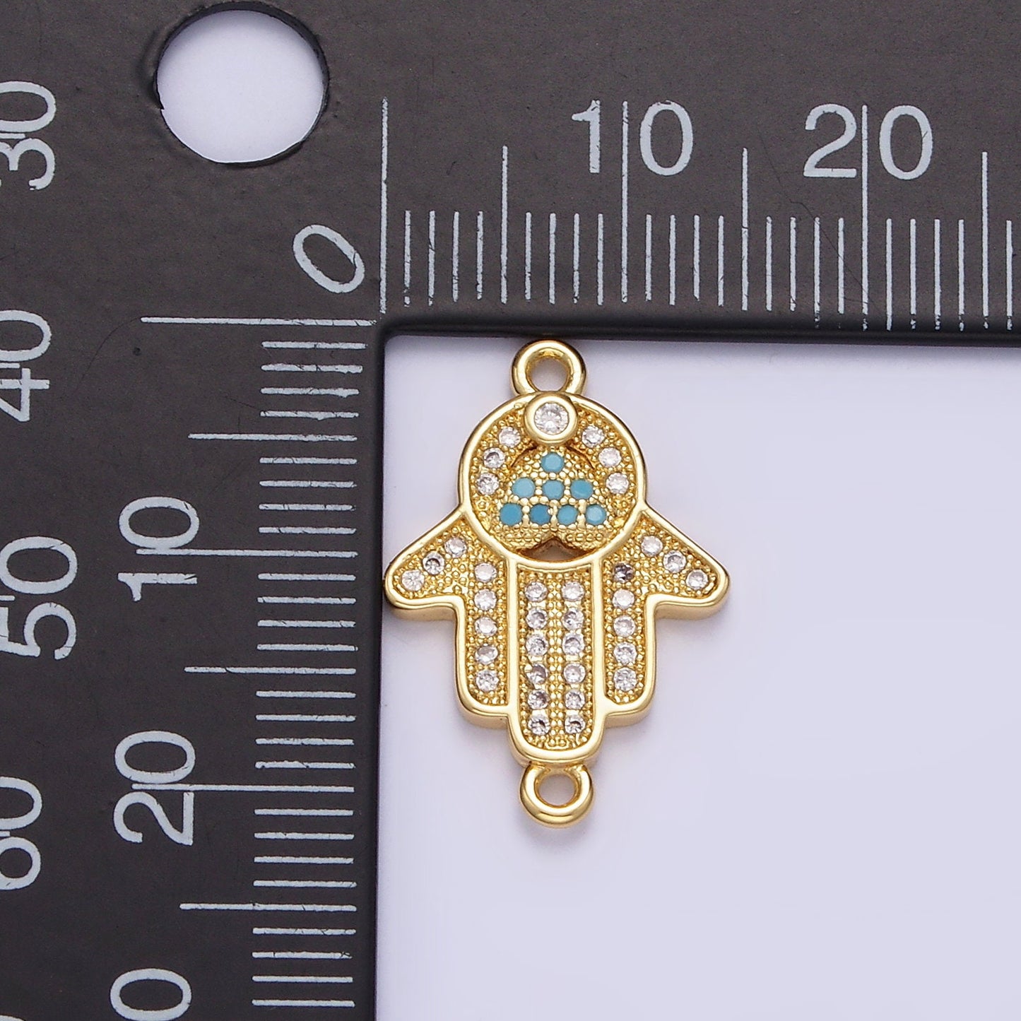 14K Gold Filled 21mm Turquoise Clear Micro Paved CZ Hamsa Hand Connector | G661
