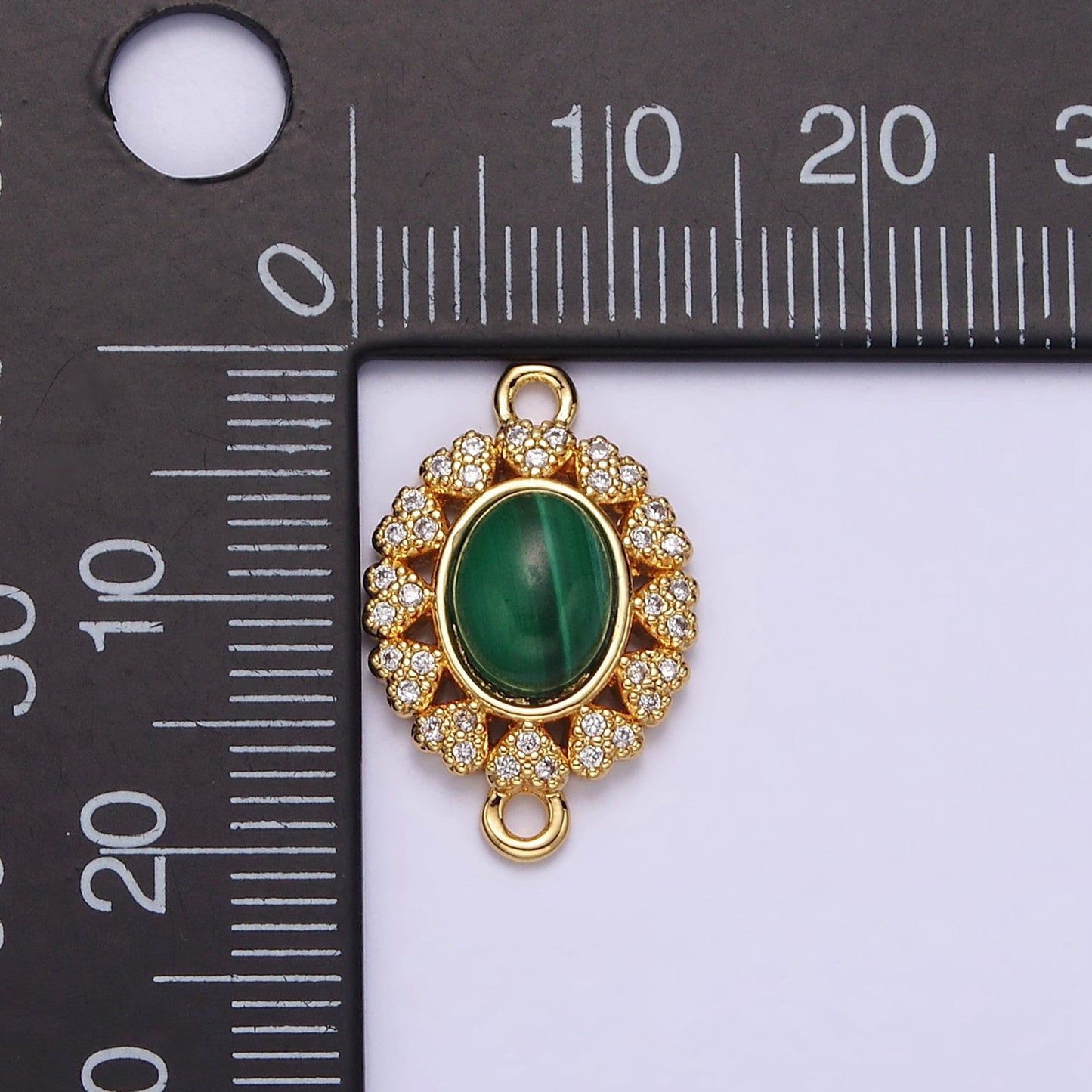 14K Gold Filled Malachite Cabochon Micro Paved CZ Heart Lined Oval Connector | G807