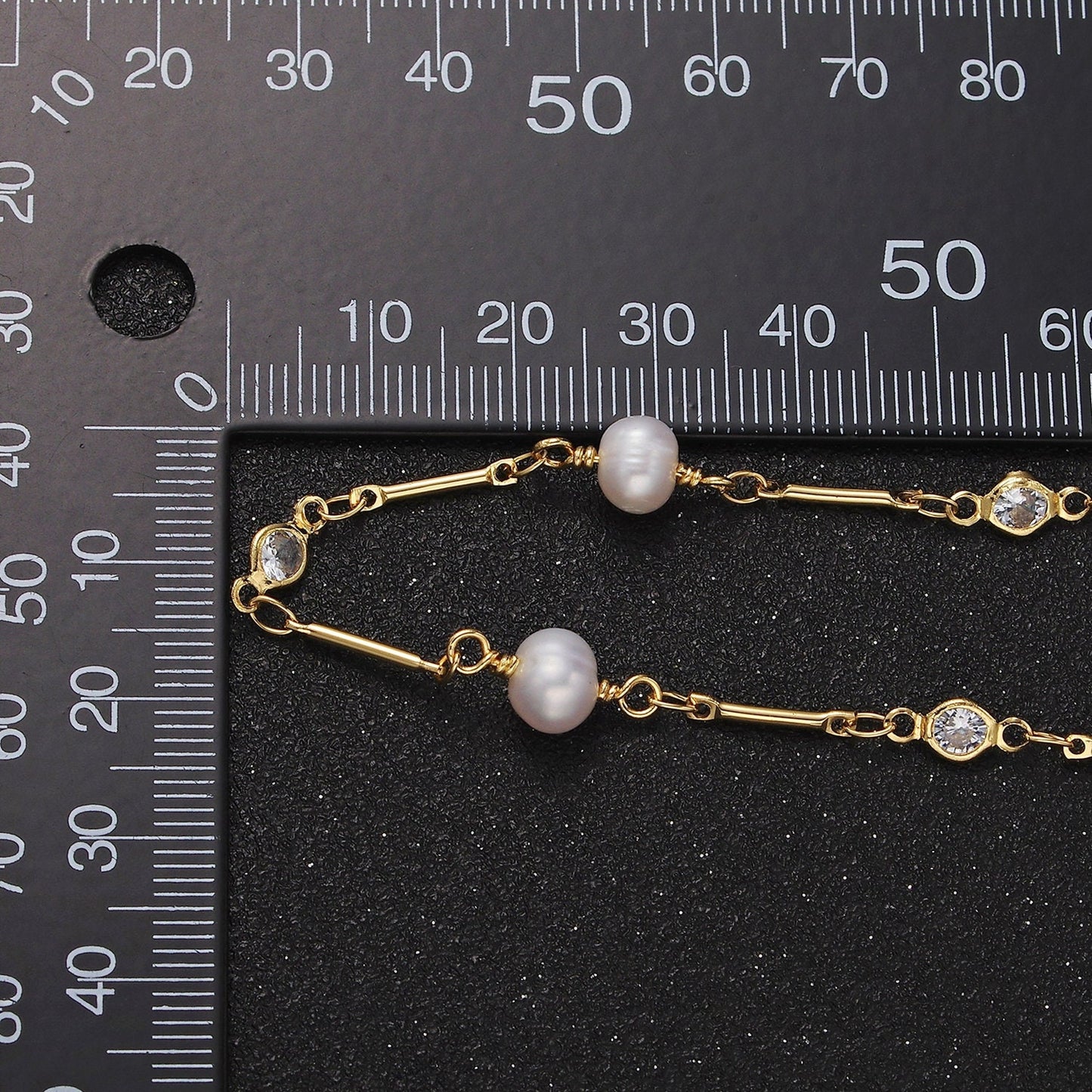 Dainty Gold Ringed Button White Freshwater Pearl Clear CZ Unfinished Jewelry Making Chain by Yard Wholesale Chain | ROLL-1410