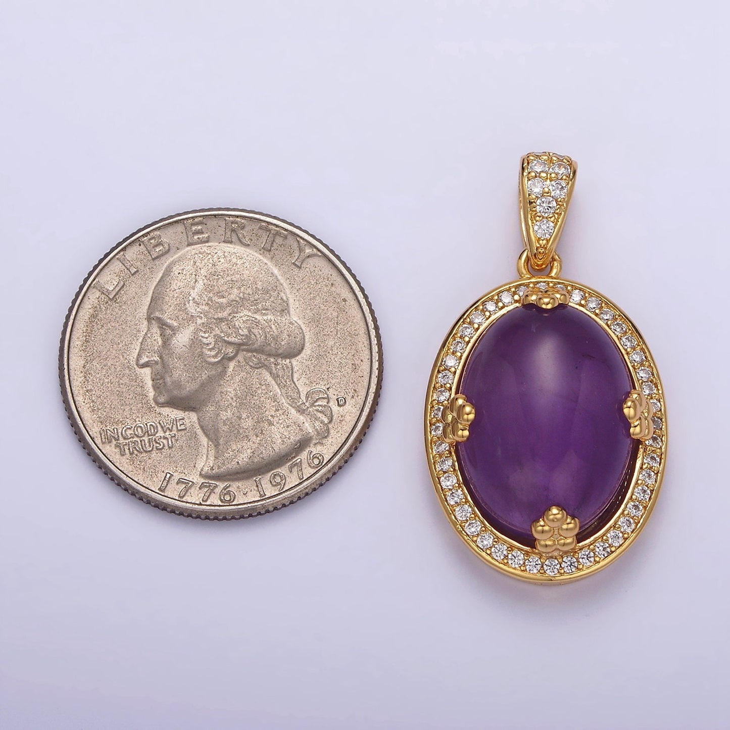 14K Gold Filled Amethyst, Rose Quartz, Aventurine Cabochon Micro Paved CZ Pendant | AA686 - AA688