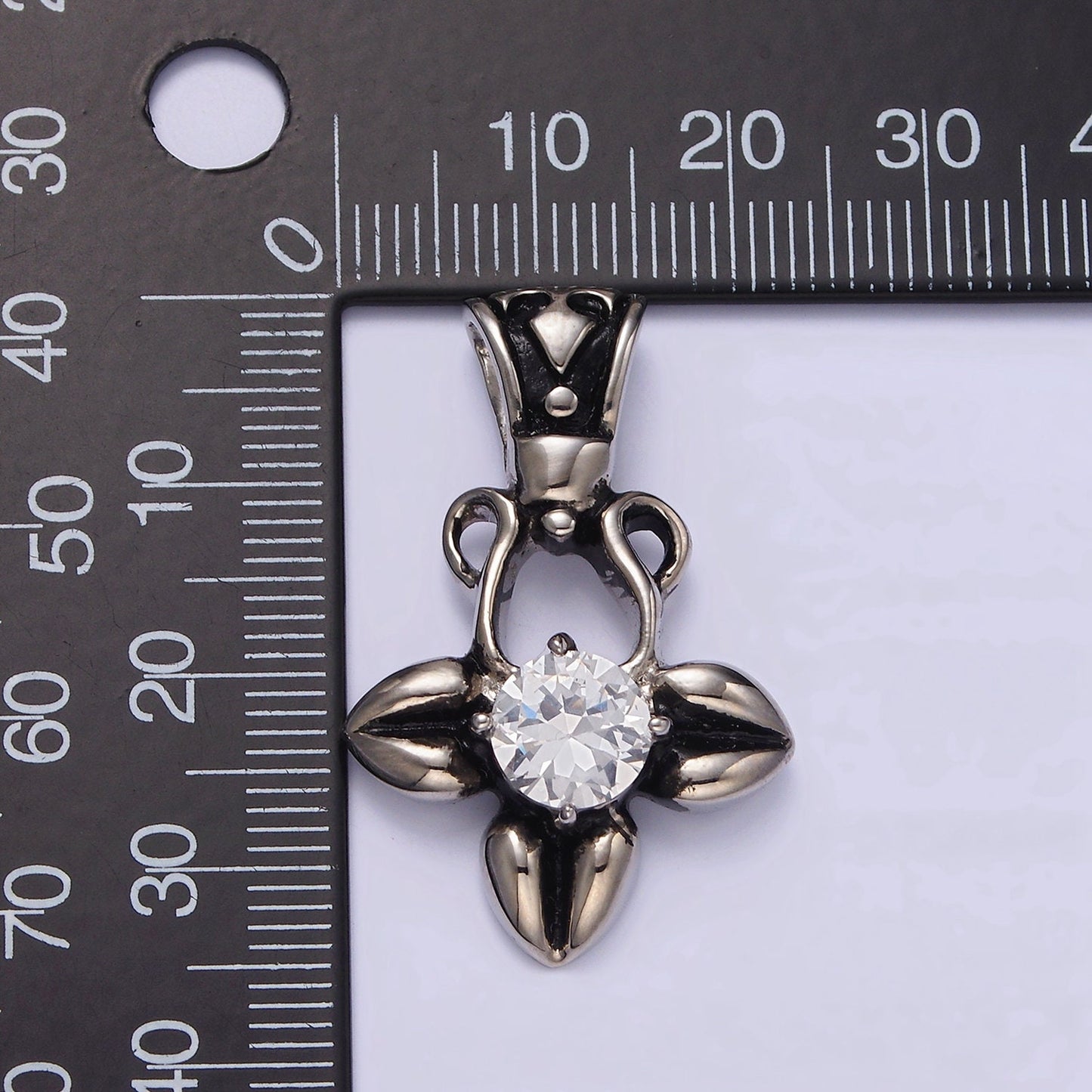 Stainless Steel Clear CZ Round Geometric Flower Petal Open Passion Cross Bail Pendant | P810