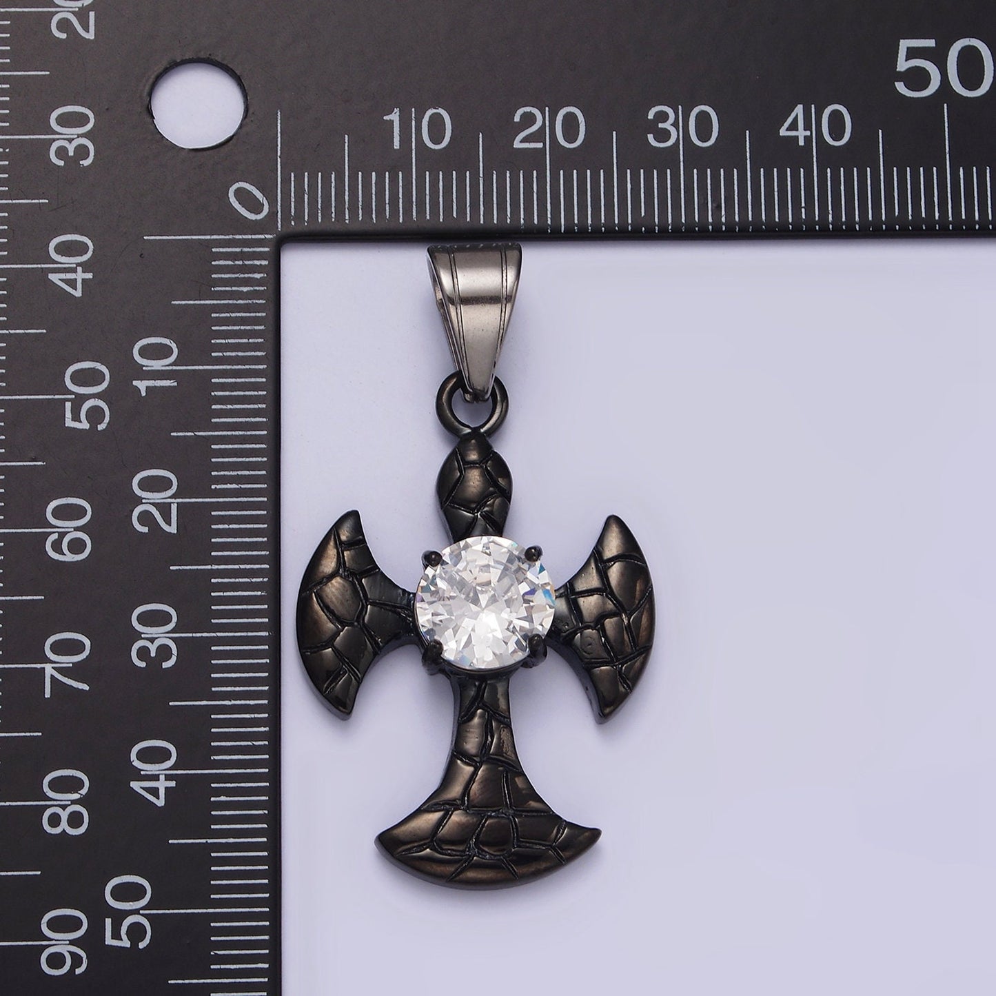 Stainless Steel Clear CZ Round Scaled Religious Pattee Cross Black Pendant | P807