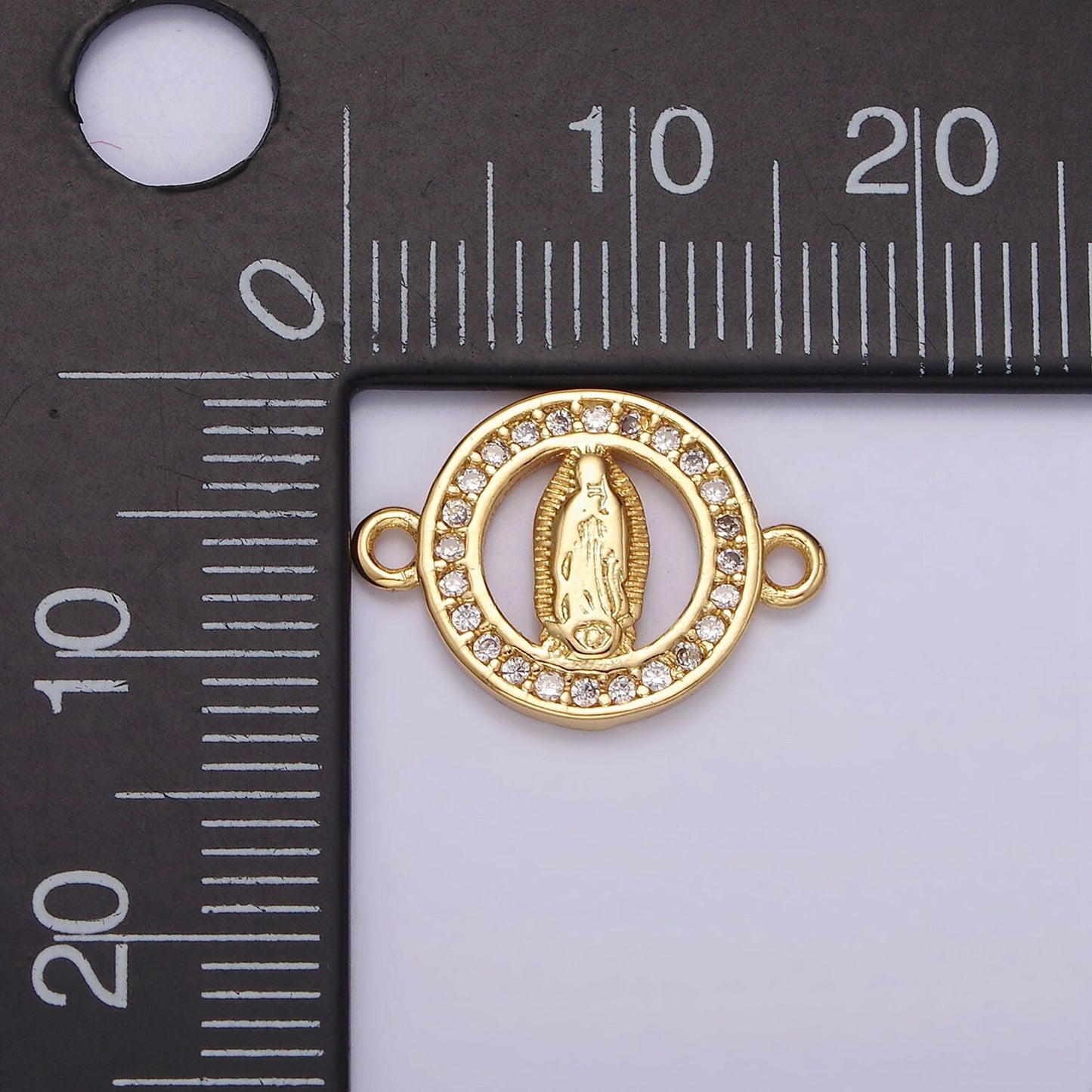 14K Gold Filled 12mm Mini Mary Lady Guadalupe Clear CZ Lined Open Round Connector | G722